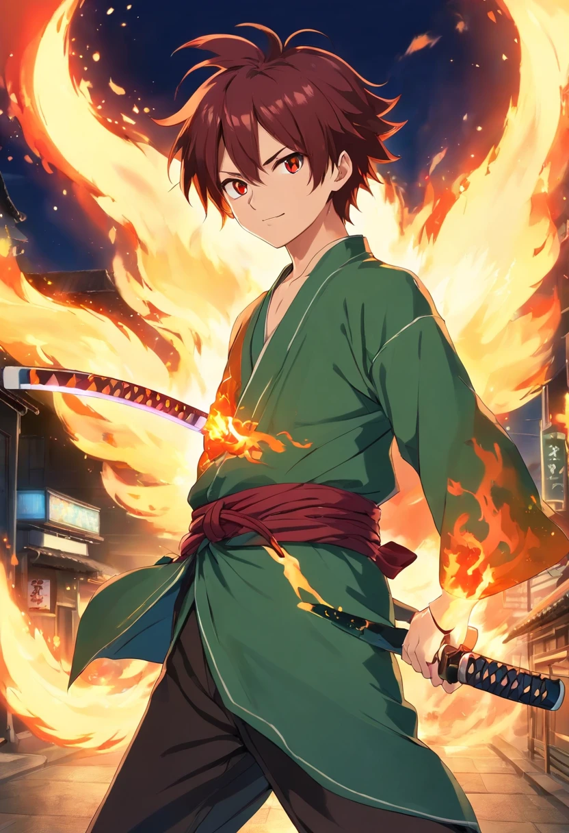"(a highly detailed illustration by Natsu Dragneel wearing his traditional clothes and with fire details in his hands), Kamado tanjiro, demon killer light green uniform, 1boy, male focus, scar on face, weapon, scar, earrings, teeth, jewelry, pants, scar on forehead, brown hair, belt, black pants, japanese clothes, haori, green haori, solo, red eyes, long sleeves, (((masterpiece)), happy face, fire, japanese sword, dinamic pose, Night scenery, lighting dramatic.