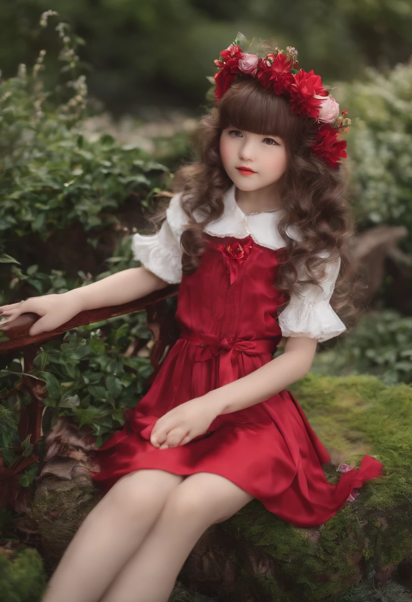 A girl holding rose in her hands with open hairs wearing a red dress in a garden 