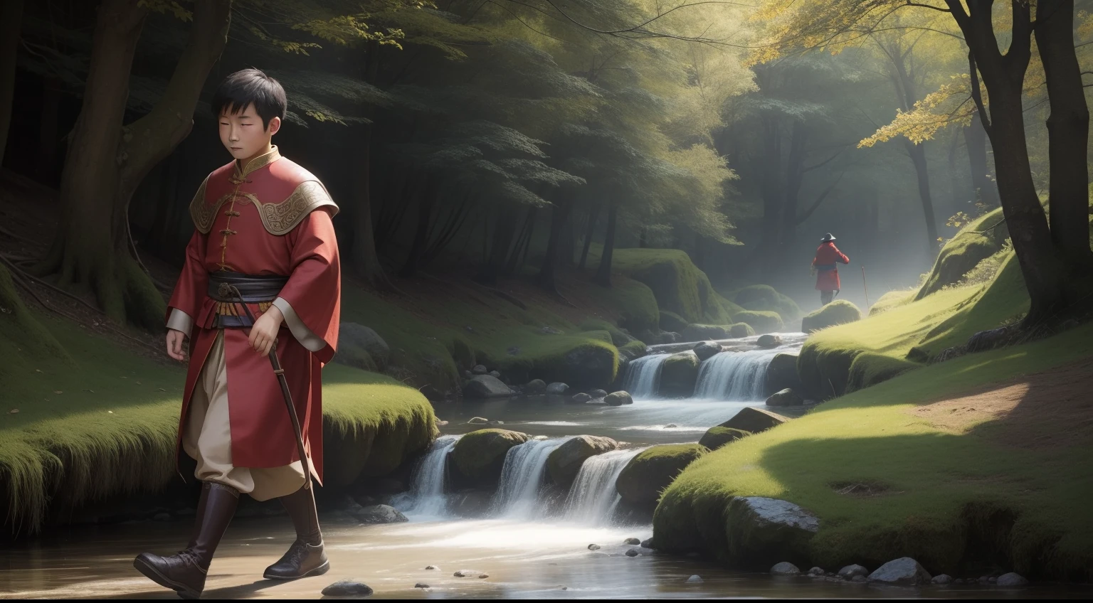 young chinese boy from medieval times, walking near a stream and meeting a wise old man on the way