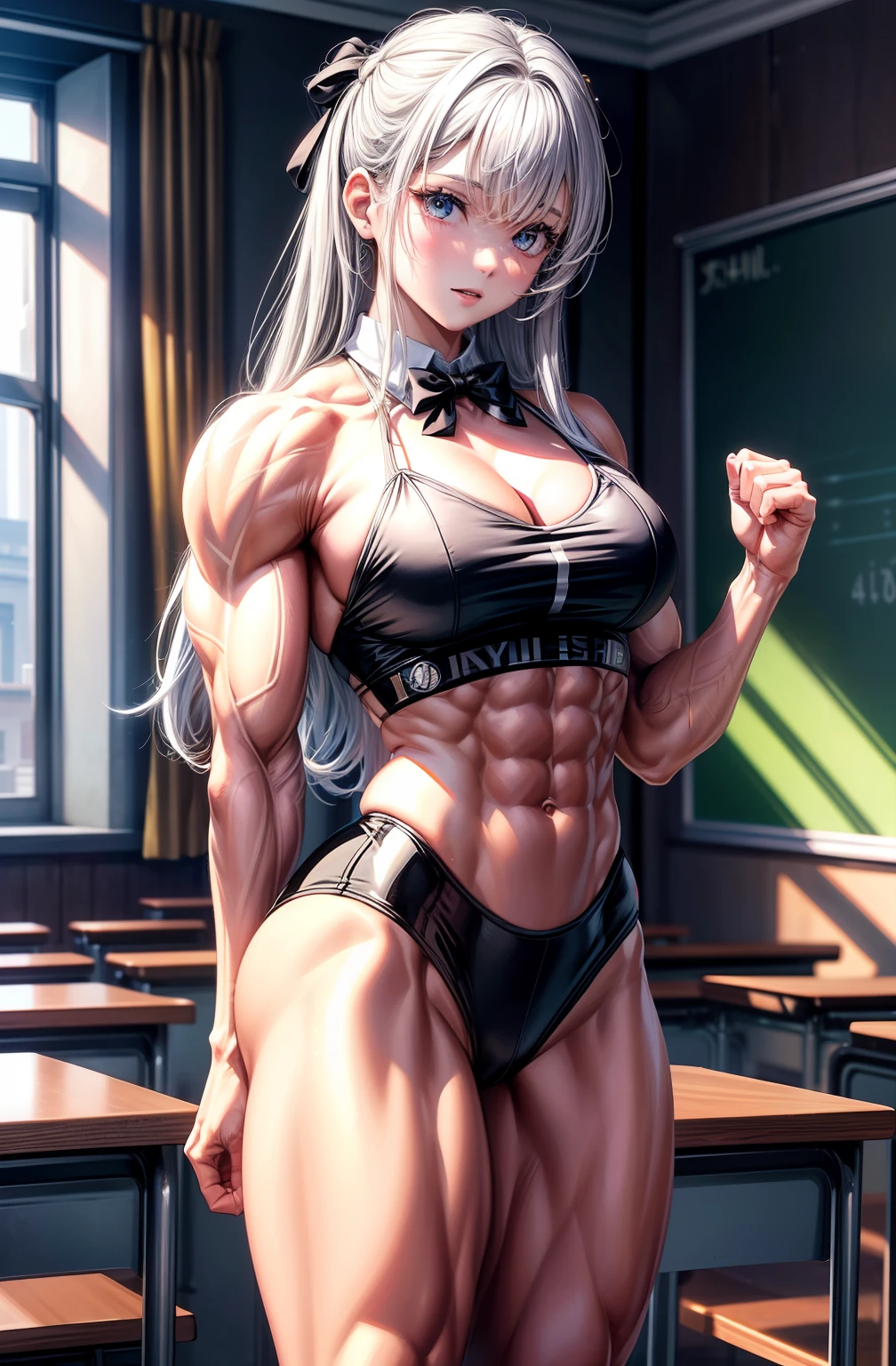 (BEST lighting) , (ultra intricately detailed) , 4K unification, (super-detailed CG: 1.2) , (8K: 1.2),(Original), (Masterpiece) , (Best quality),(Masterpiece:1.4),Anime-ish high quality,(Masterpiece),Masterpiece, Super clear picture quality,Clearer than movies,(Fine face)Best quality, absurderes,((masterpeace, 4K, 8K, Yes, A high resolution))1girll, girls,ssmile,She was in the classroom,Black school uniform,white bowties,Bow knot,Ten strong abs,Perfect body proportions,standing on your feet,Exposing the abdomen, White costume,There are bulges of dense veins on the arms,Spring, Sports boots, Perfect figure, Anxious white and black two-tone long hair, Dynamic pose,Legs exposed,Strong leg muscles ((body builder:1.5)),Classroom(Beautiful bace),(Girl),(Female),(((Upper body:1)))