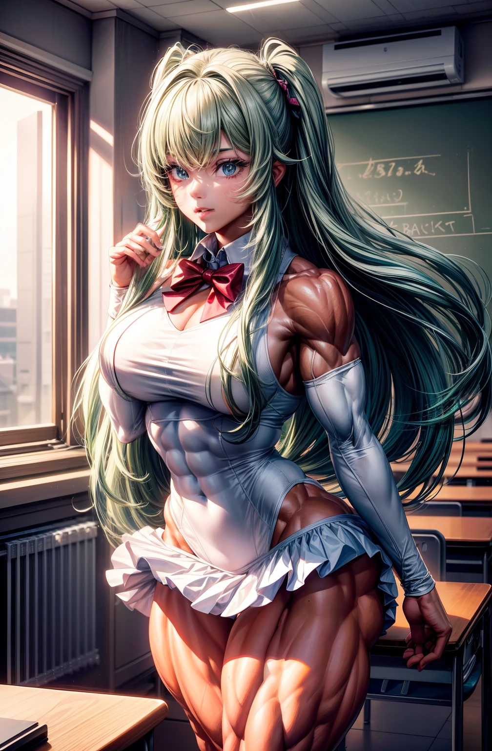 (BEST lighting) , (ultra intricately detailed) , 4K unification, (super-detailed CG: 1.2) , (8K: 1.2),(Original), (Masterpiece) , (Best quality),(Masterpiece:1.4),Anime-ish high quality,(Masterpiece),Masterpiece, Super clear picture quality，Clearer than movies，（Fine face）Best quality, absurderes,((masterpeace, 4K, 8K, Yes, A high resolution))1girll, schoolgirls，ssmile，She was in the classroom，Black school uniform，white bowties，Bow knot，Ten strong abs，Perfect body proportions，standing on your feet,Exposing the abdomen， White costume,There are bulges of dense veins on the arms，Spring, Sports boots, Perfect figure, Long green hair with anxiety, Dynamic pose,Legs exposed，Strong leg muscles ((body builder:1.5)),‎Classroom(Beautiful bace),(Girl),(Female),(((Upper body:1)))