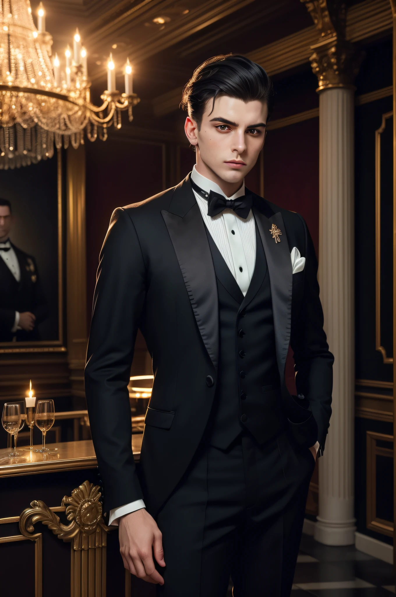 A dapper young man, inspired by the elegance of Giovanni Boldini's portraits, stands in a Victorian ballroom filled with art deco elements. He wears a tailored tuxedo combined with futuristic accessories, under the enchanting glow of a neon chandelier. The colors are vibrant and vivid, contrasting the dark, moody background. Hyper-realistic, 8K resolution, exuding timeless sophistication.
