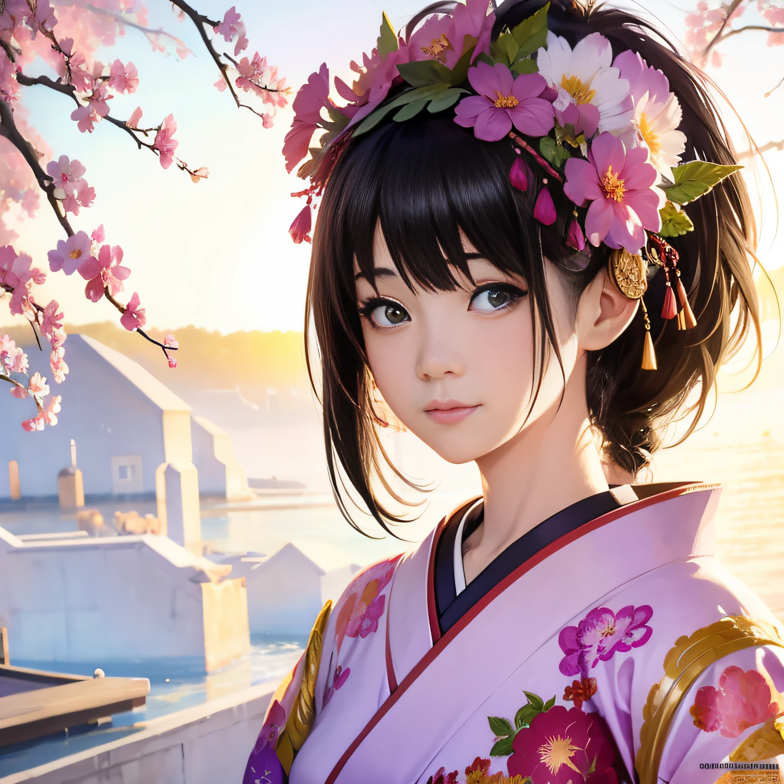Alafed woman in kimono with flowers on her head, beautiful digital works of art, beautiful digital illustrations, beautiful digital painting, Gorgeous Digital Painting, artwork in the style of guweiz, photorealistic anime girl render, Smooth Anime CG Art, Beautiful digital art, great digital art with details, stunning digital illustration, Detailed Digital Anime Art, render of april, Beautiful Anime Portrait