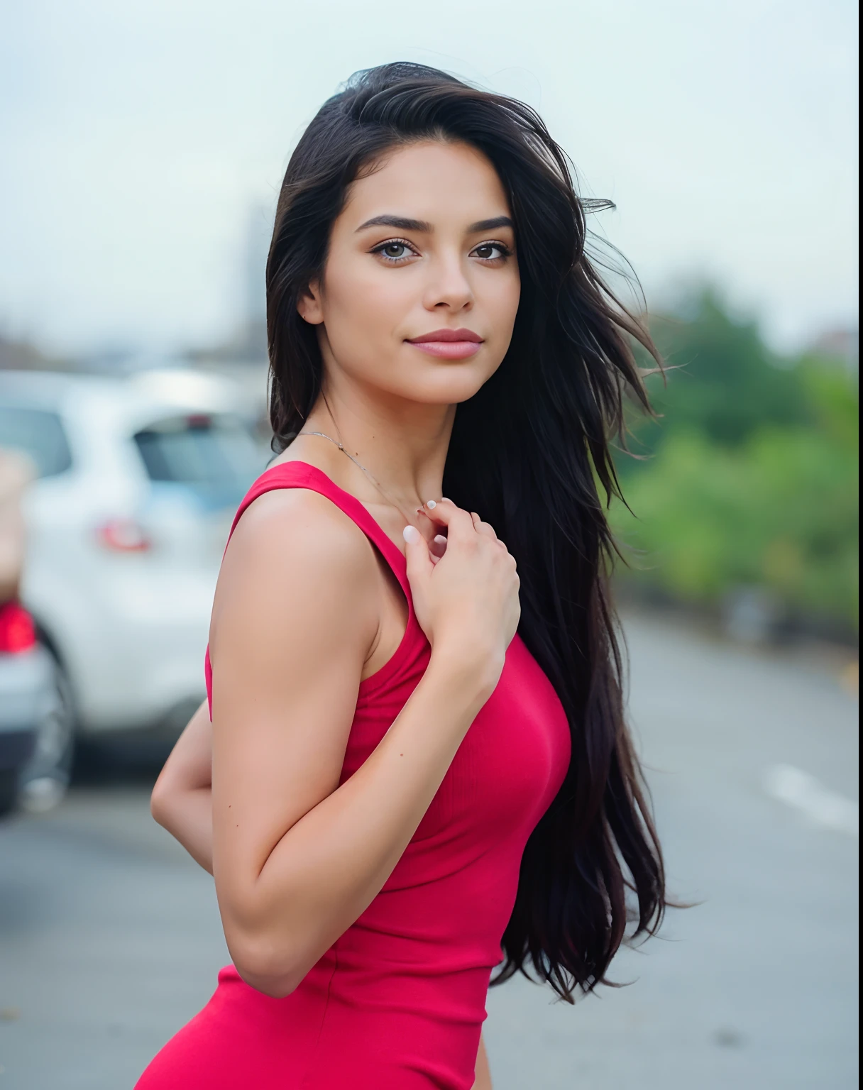 An urban adult female with a messy layered bob of long and curly brown hair, warm brown eyes reflecting compassion and kindness. Her self-assured demeanor and graceful figure exude elegance as she stands before an impressive urban white shirt and blue jeans . Clad in a sophisticated dark brown office frock and gladiator heels, she remains resolute in the face of an apocalyptic wind and weather. The photorealistic image captures her captivating presence amidst the chaos, and the sparkling eyes draw viewers into the compelling visual narrative of strength and determination , mixed race , smiling , looking away , 18 years old .