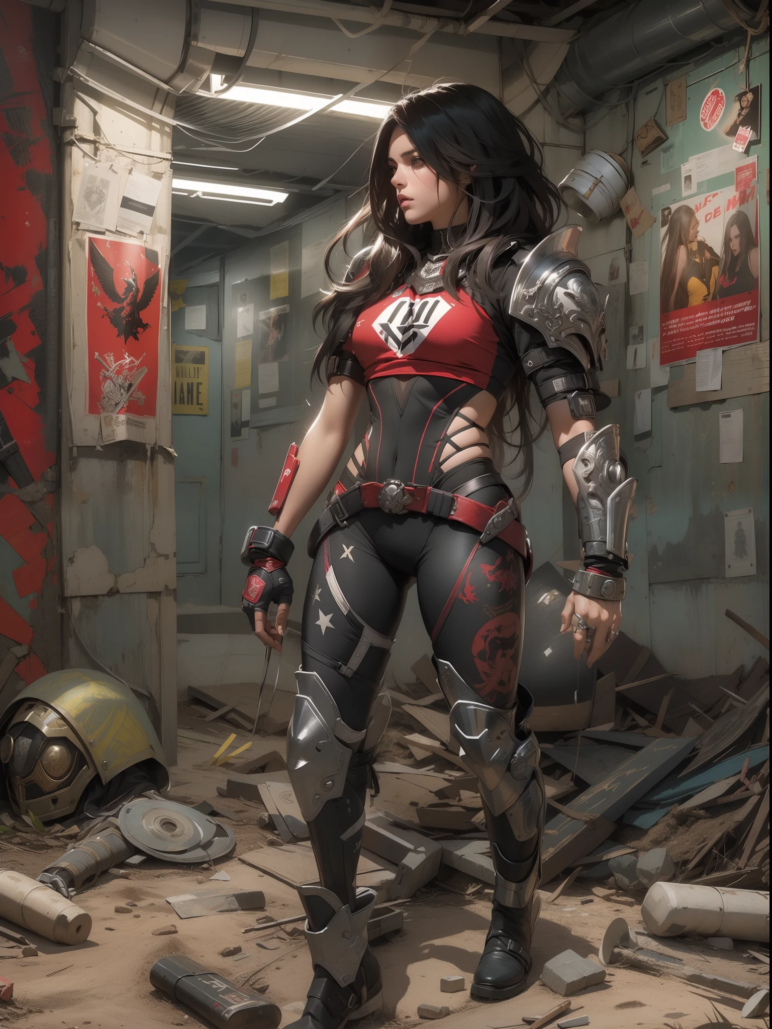 (((mulher))), (((melhor qualidade))), (((obra prima))), (((adulto))), (((1girl))), ((( corte de cabelo moicano ))), Uma gladiadora cyberpunk mulher de 25 anos com corpo perfeito, alien armor, h.r. Estilo Giger, shoulder pads with metal spines, Gladiadores do Brooklyn, (( corte de cabelo moicano )), tiny leather panties, camiseta de time de rugby rasgada, quase nua no estilo selvagem urbano de Simon Bisley para a capa da revista Heavy Metal, Cabelo loiro curto, Minimum clothing, Metal protection on the left arm with intricate graphics, Dark red with white stars and black and white checkerboard pattern, armadura, cheio de pontas e rebites, (((do joelho pra cima))), cabelos loiro branco curto, no fundo uma parede pintada por Shepard Fairey com um design intrincado