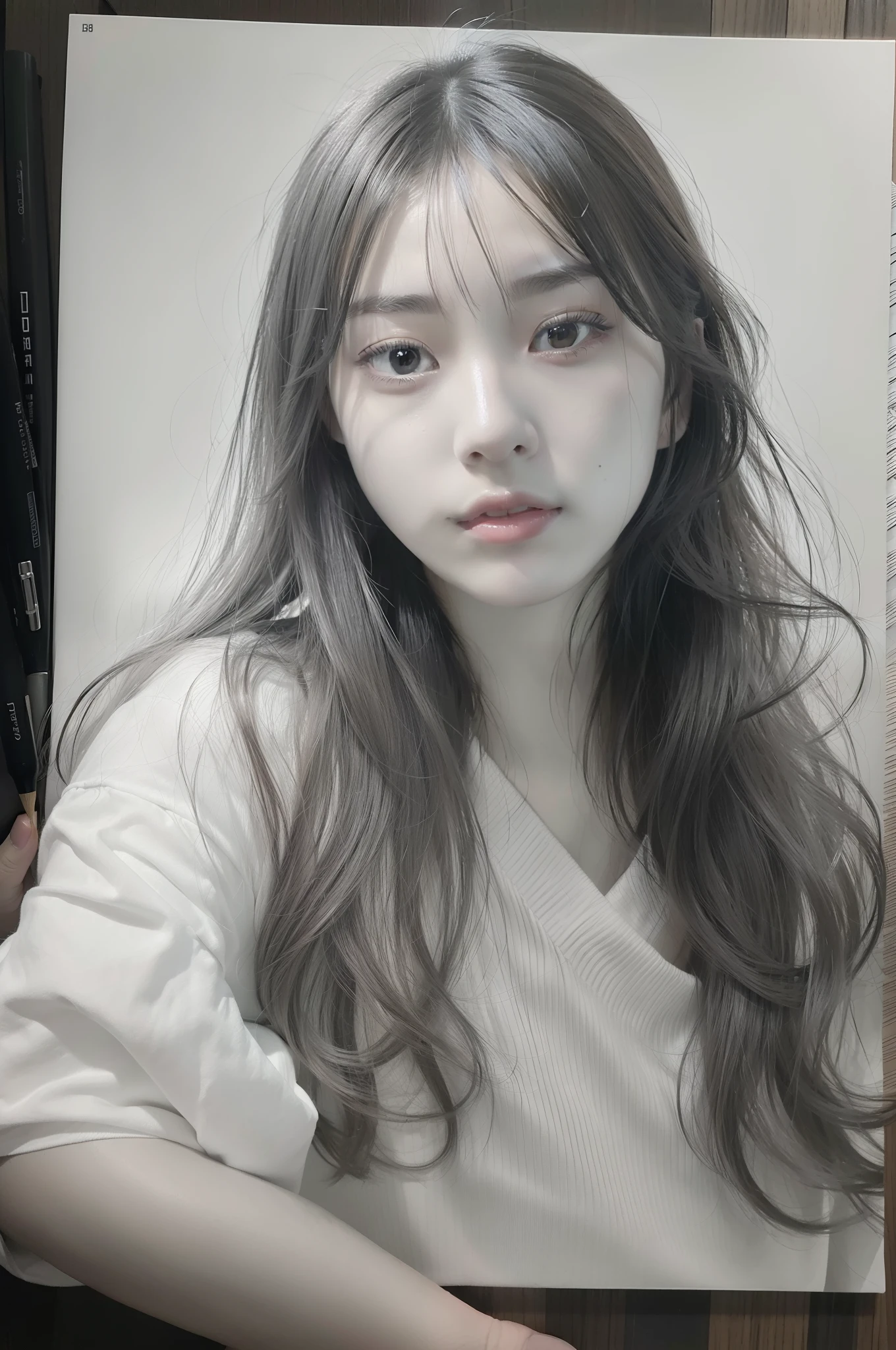 ((portrait of ultra realistic))、(Draw in detail with a pencil)、(black-and-white)、beautfull Japanease woman、facefocus、Lustrous hair、18year old、