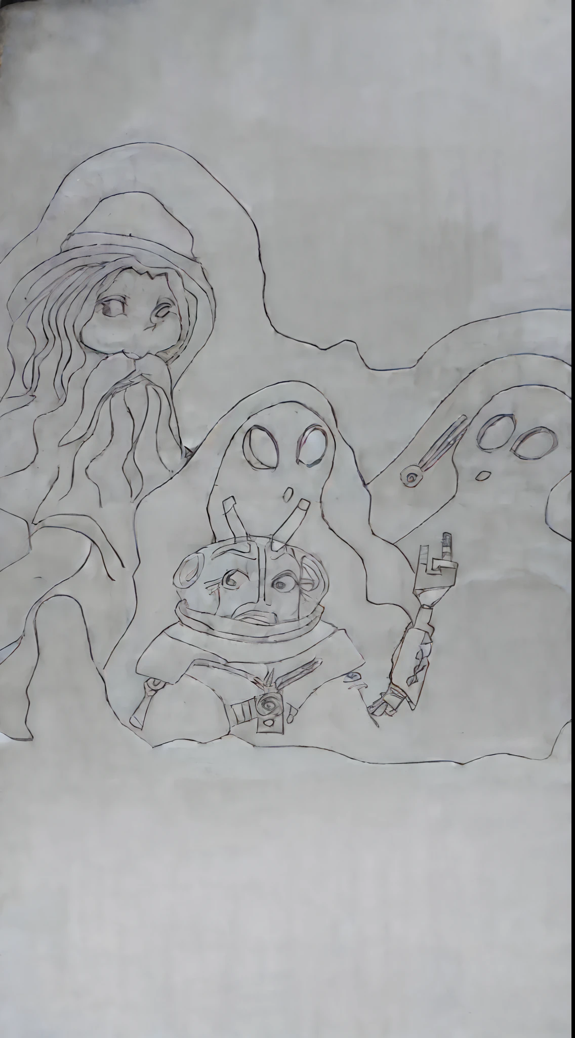 Dibujo de un hombre con barba, un robot y dos extraterrestres sin barba sosteniendo una tenaza , kids fantasy drawing, Personajes de Star Wars, Contorno de tinta, Dibujo de contorno, Asistente de robot, fondo desierto estilo comic