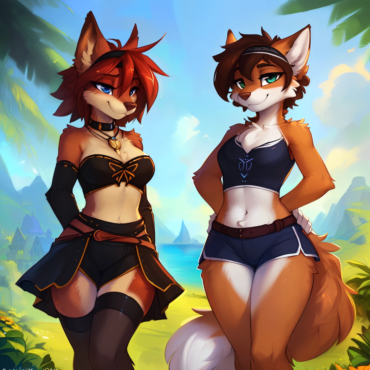 ((group of girls)), uploaded the e621, beautiful and detailed portrait of a female (((woman))) anthro lynx, kenket, Ross Tran,ruan jia, uploaded to e621, zaush, foxovh, zenematic lighting, seductive, bl, lynx, thighighs, big chest, full body, beautiful, long hair, blue hair (black highlights), young , young (18 years old), blue eyes, white tribal tattoos, white tribal bra, white tribal loincloth, (in middle of the jungle), looking at the viewer, (white headband)