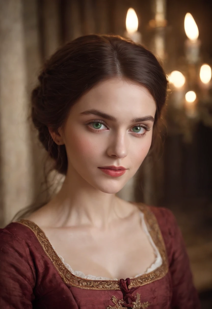 (((A deep reddish scar runs across her left cheek))) light skinned, Women around 19 years old, Natural gray hair, Distinctive green eyes, Wearing Cole, slender and graceful,, Beautiful, Candlelight in medieval atmosphere, Ultra Sharp Focus, realistic shot, Women's clothing in the Middle Ages, Tetradic color (Scar:1.4)