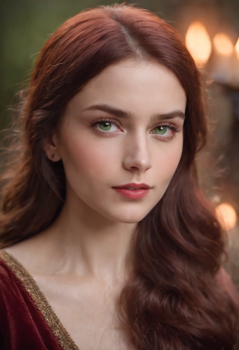 (((A deep reddish scar runs across her left cheek))) light skinned, Women around 19 years old, Natural gray hair, Distinctive green eyes, Wearing Cole, slender and graceful,, Beautiful, Candlelight in medieval atmosphere, Ultra Sharp Focus, realistic shot, Women's clothing in the Middle Ages, Tetradic color (Scar:1.4)