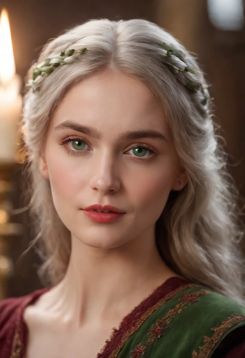 (((A deep reddish scar runs across her left cheek))) light skinned, Women around 19 years old, Natural gray hair, Distinctive green eyes, Wearing Cole, slender and graceful,, Beautiful, Candlelight in medieval atmosphere, Ultra Sharp Focus, realistic shot, Women's clothing in the Middle Ages, Tetradic color (Scar:1.4)