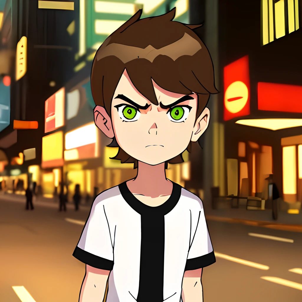 masterpiece, best quality, 1boy, bentennyson, green eyes, annoyed,angry,upper body,shirt, cyberpunk city background