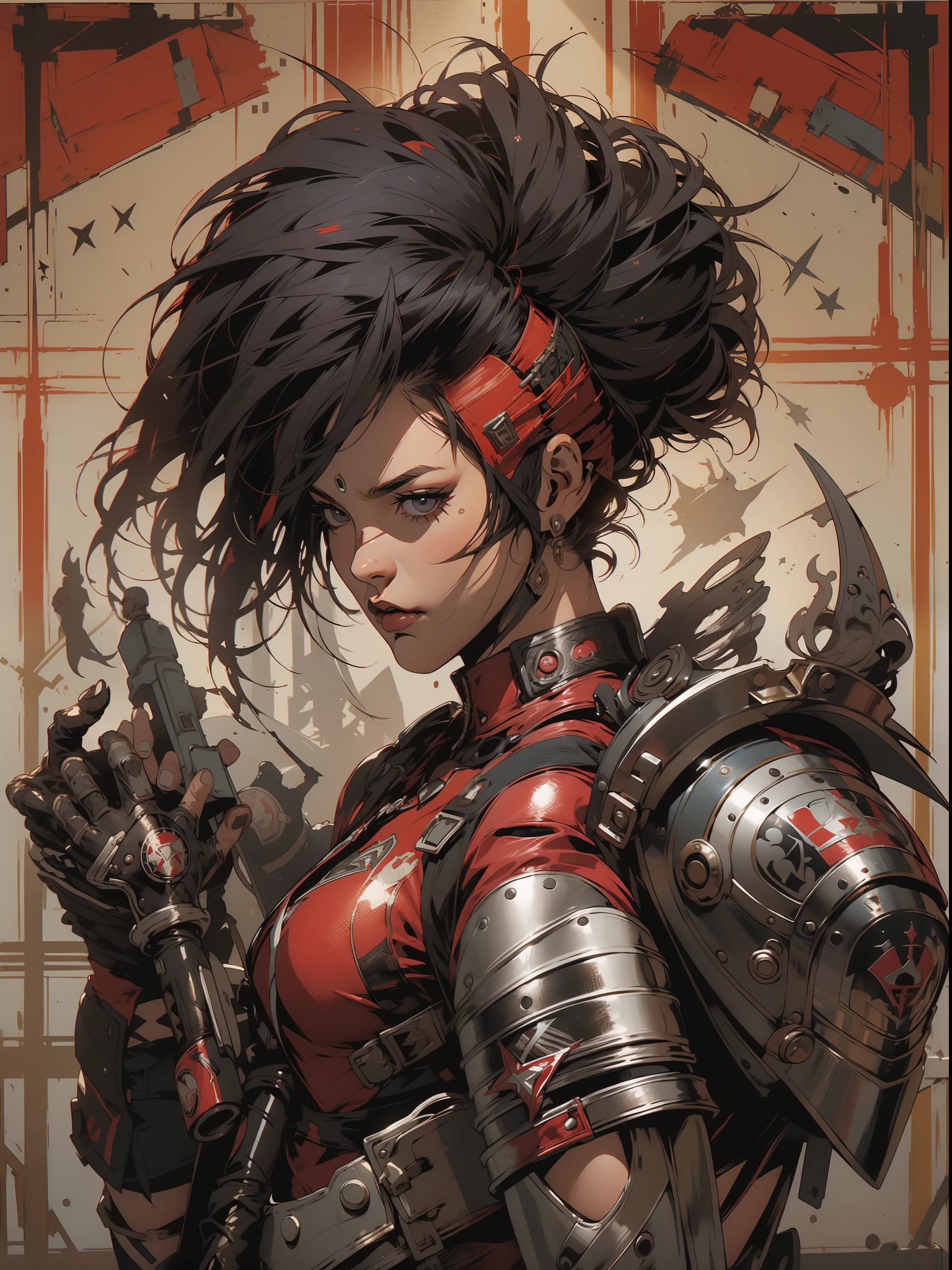 (((mulher))), (((melhor qualidade))), (((obra prima))), (((adulto))), (((1girl))), ((( corte de cabelo moicano ))), Uma gladiadora cyberpunk mulher de 25 anos com corpo perfeito, alien armor, h.r. Estilo Giger, shoulder pads with metal spines, Gladiadores do Brooklyn, (( corte de cabelo moicano )), tiny leather panties, camiseta de time de rugby rasgada, quase nua no estilo selvagem urbano de Simon Bisley para a capa da revista Heavy Metal, Cabelo loiro curto, Minimum clothing, Metal protection on the left arm with intricate graphics, Dark red with white stars and black and white checkerboard pattern, armadura, cheio de pontas e rebites, (((do joelho pra cima))), cabelos loiro branco curto, no fundo uma parede pintada por Shepard Fairey com um design intrincado