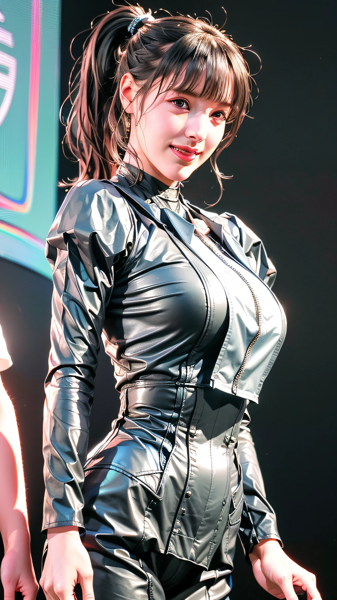 hight resolution、photos realistic、girl with1a person、Moles under the eyes、Colossal tits、Pose with emphasis on the breast on stage、Latex miniskirt、toppless、exposing nipples