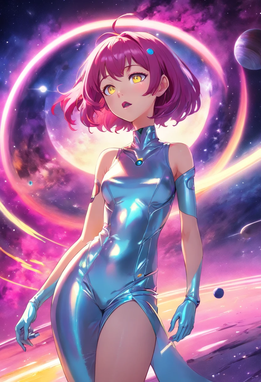 alien woman, silver latex dress, pulling out the tongue, mint skin, magenta hair, space and saturn background, Yellow eyes.