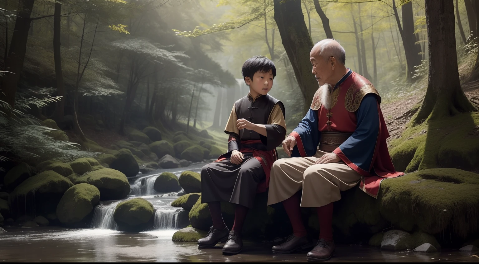 young Chinese boy, from medieval times, talking with an old wise man, in the middle of the forest, near a stream