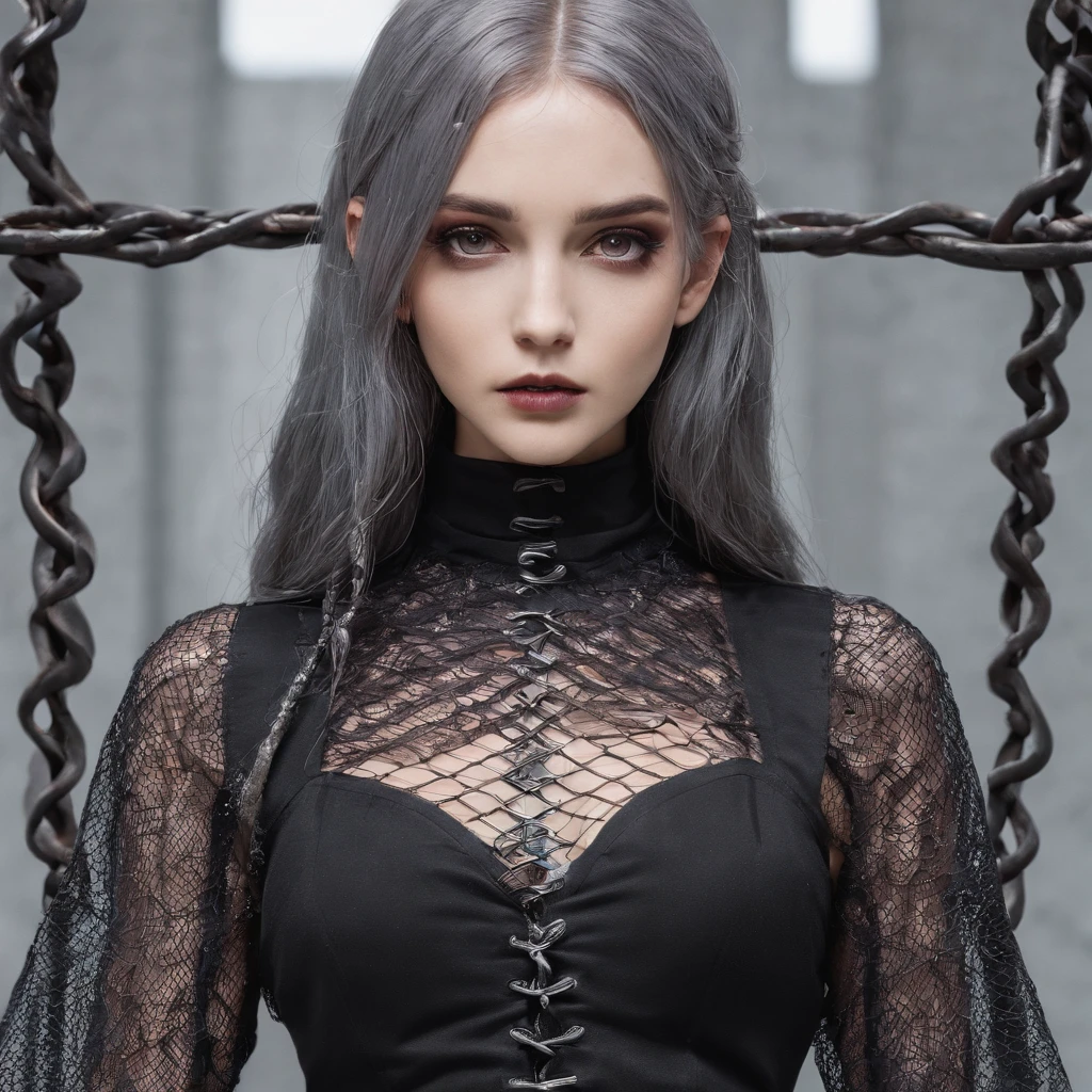 Girl in symbolic clothes of Gothic net, 。.。.。.com (barbed wire for body) brunette color hair，Gray hair ends
