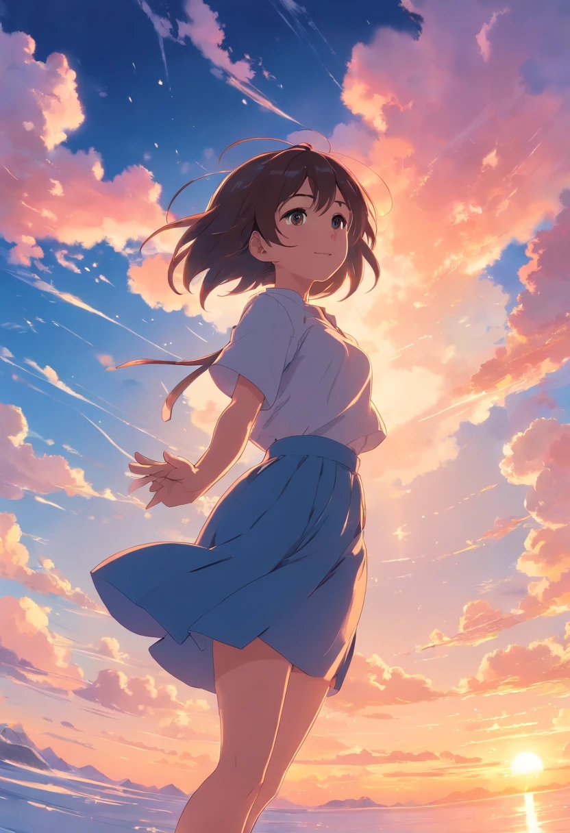 masterpiece, best quality, movie still, 1girl, cloud girl, floating in the sky, close-up, bright, happy, warm soft lighting, sunset, (sparks:0.7)