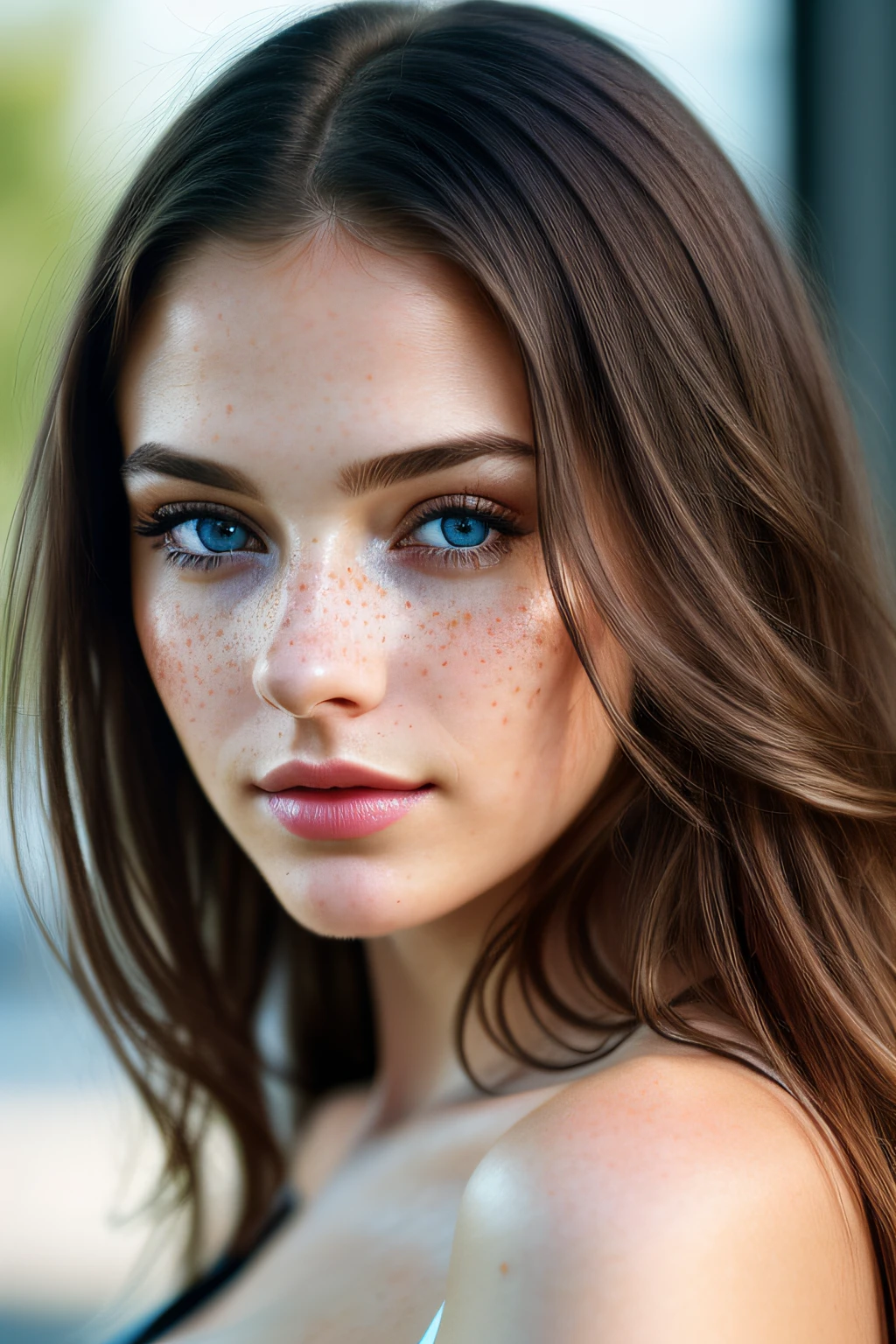 color photograph, close-up, ((a realistic photo of a beautiful girl)), (milalc), light, ((glowy skin)), looking_at_viewer, (fit body:1.0), ((large breasts)), long hair, detailed illustration, masterpiece, high quality, realistic, very detailed face, freckles, black hair, blue eyes, black shirt