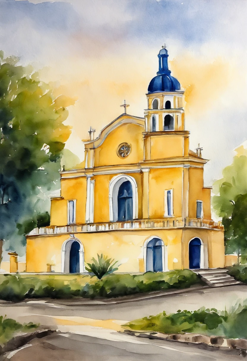 Igreja vista de frente, Pintura aguada sobre papel branco, Capela igreja amarela clara com porta azul, pintura de aquarela sobre uma textura, aquarela clara, aquarela aguada, bordas esvanecendo sobre o papel