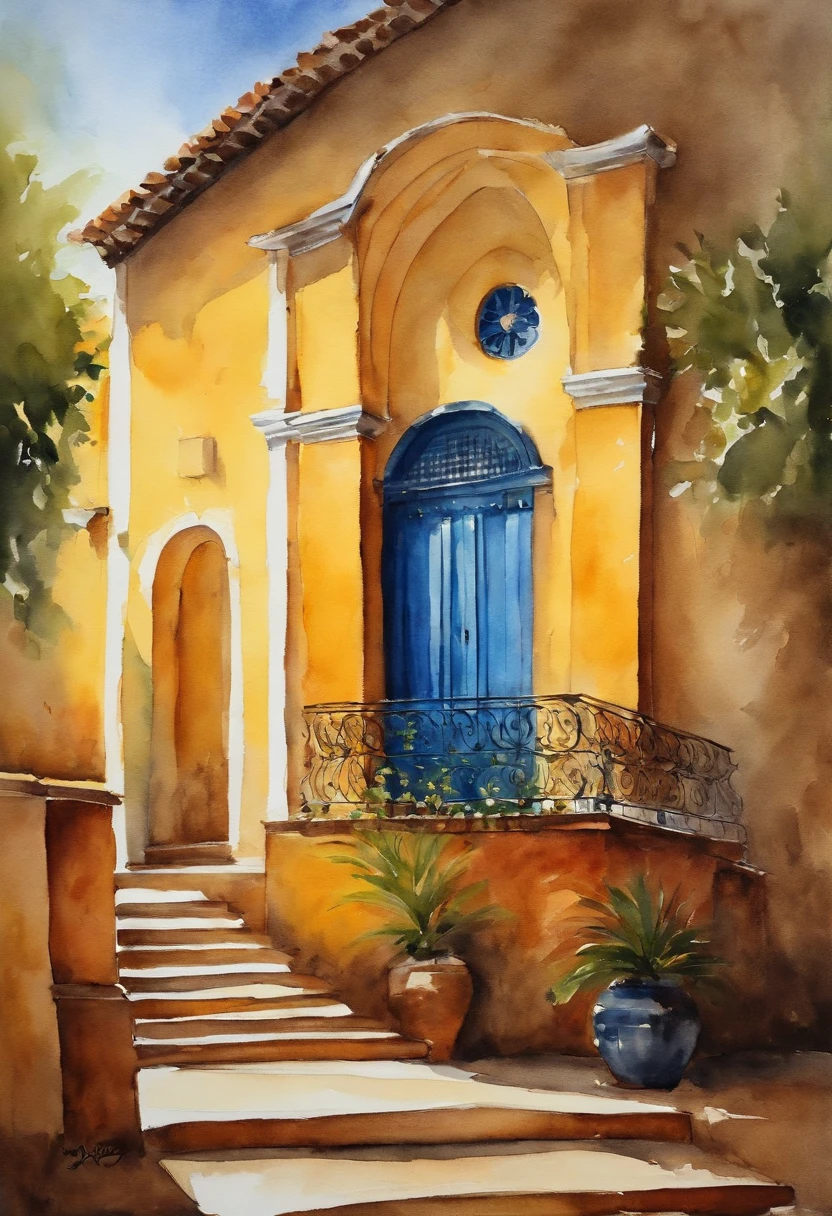 Igreja vista de frente, Pintura aguada sobre papel branco, Capela igreja amarela clara com porta azul, pintura de aquarela sobre uma textura, aquarela clara, aquarela aguada, bordas esvanecendo sobre o papel