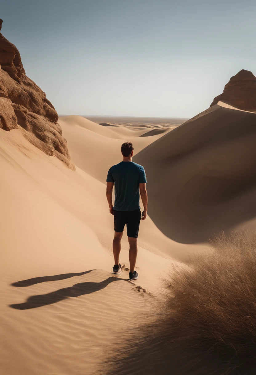 25 yo guy, with (brown) hair, seen from behind, watching desert during day, very big dunes, ultra realism, 8k, masterpiece, zoom out, blue sky, black tshirt, tattoed arms, cinematic