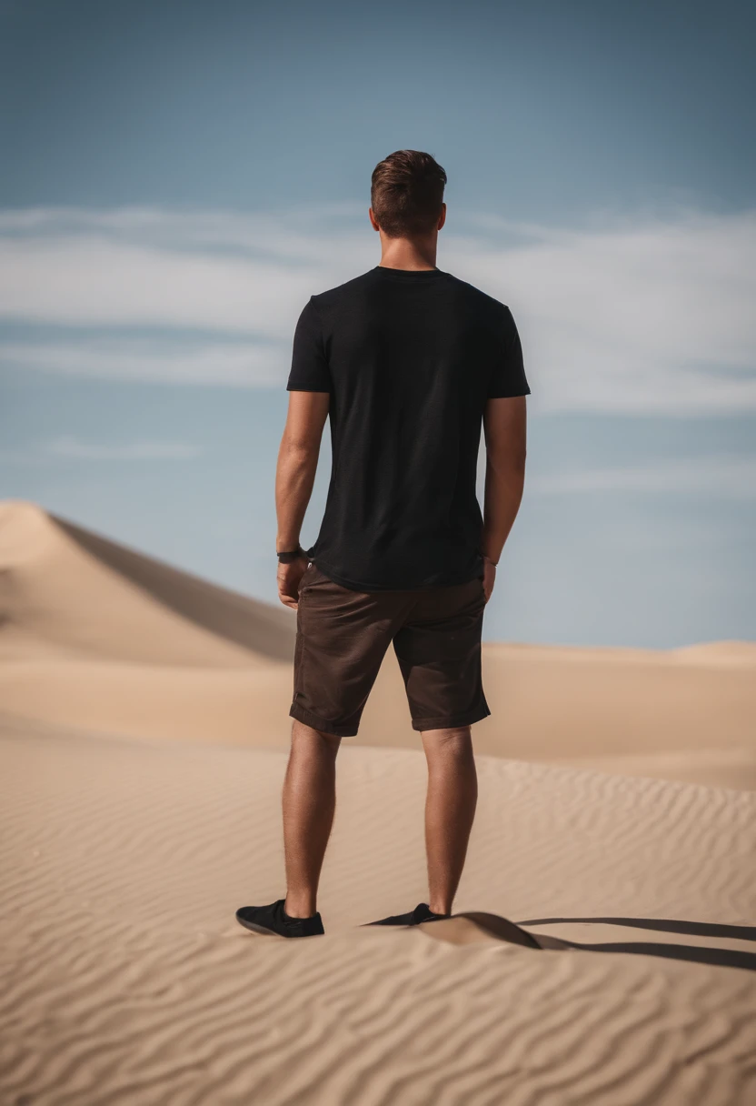 25 yo guy, with (brown) hair, seen from behind, watching desert during day, very big dunes, ultra realism, 8k, masterpiece, zoom out, blue sky, black tshirt, tattoed arms, cinematic