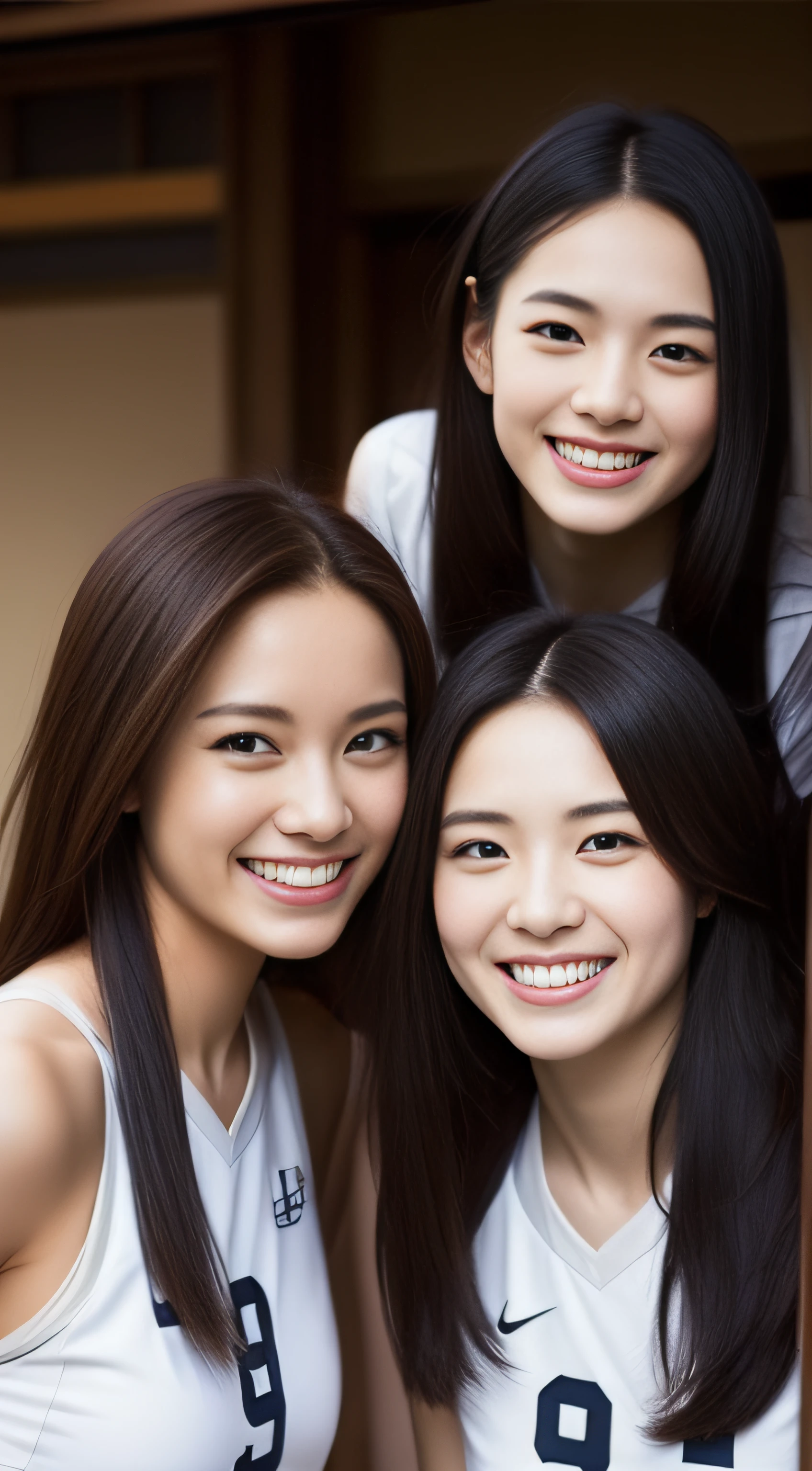 volley、3 people、game、hiquality、A hyper-realistic、healthy、Smiling expression、Slender perfect figure、Japan beauties、beautidful eyes、face perfect、Beautiful skin