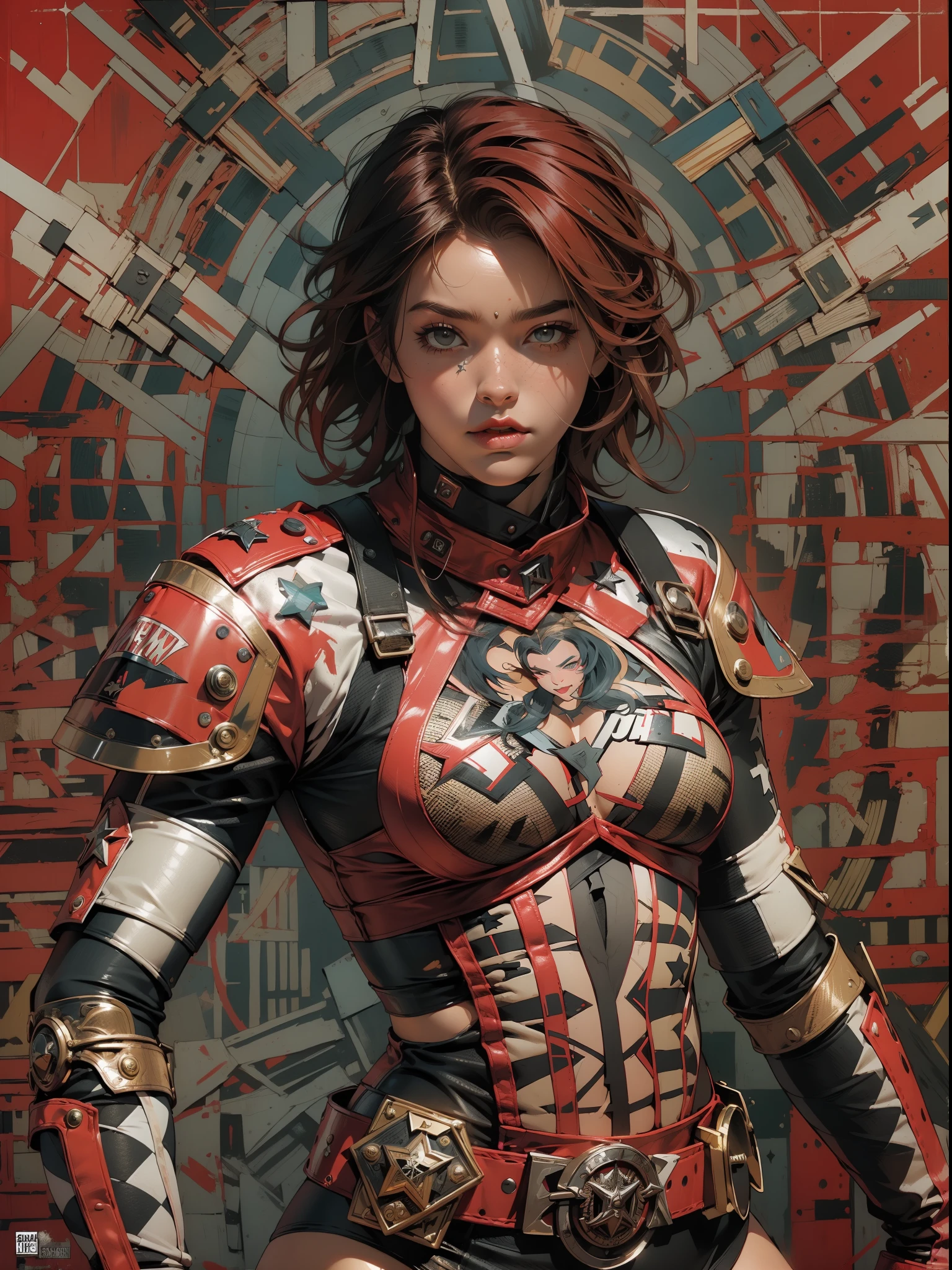(((mulher))), (((melhor qualidade))), (((obra prima))), (((adulto))), (((1girl))), ((( corte de cabelo bob ))), Uma gladiadora cyberpunk mulher de 25 anos com corpo perfeito, shoulder pads with metal spines, Gladiadores do Brooklyn, (( corte de cabelo bob )), tiny leather panties, camiseta de time de rugby rasgada, quase nua no estilo selvagem urbano de Simon Bisley para a capa da revista Heavy Metal, Cabelo loiro curto, Minimum clothing, Metal protection on the left arm with intricate graphics, Dark red with white stars and black and white checkerboard pattern, armadura, cheio de pontas e rebites, (((do joelho pra cima))), cabelos loiro branco curto, no fundo uma parede pintada por Shepard Fairey com um design intrincado