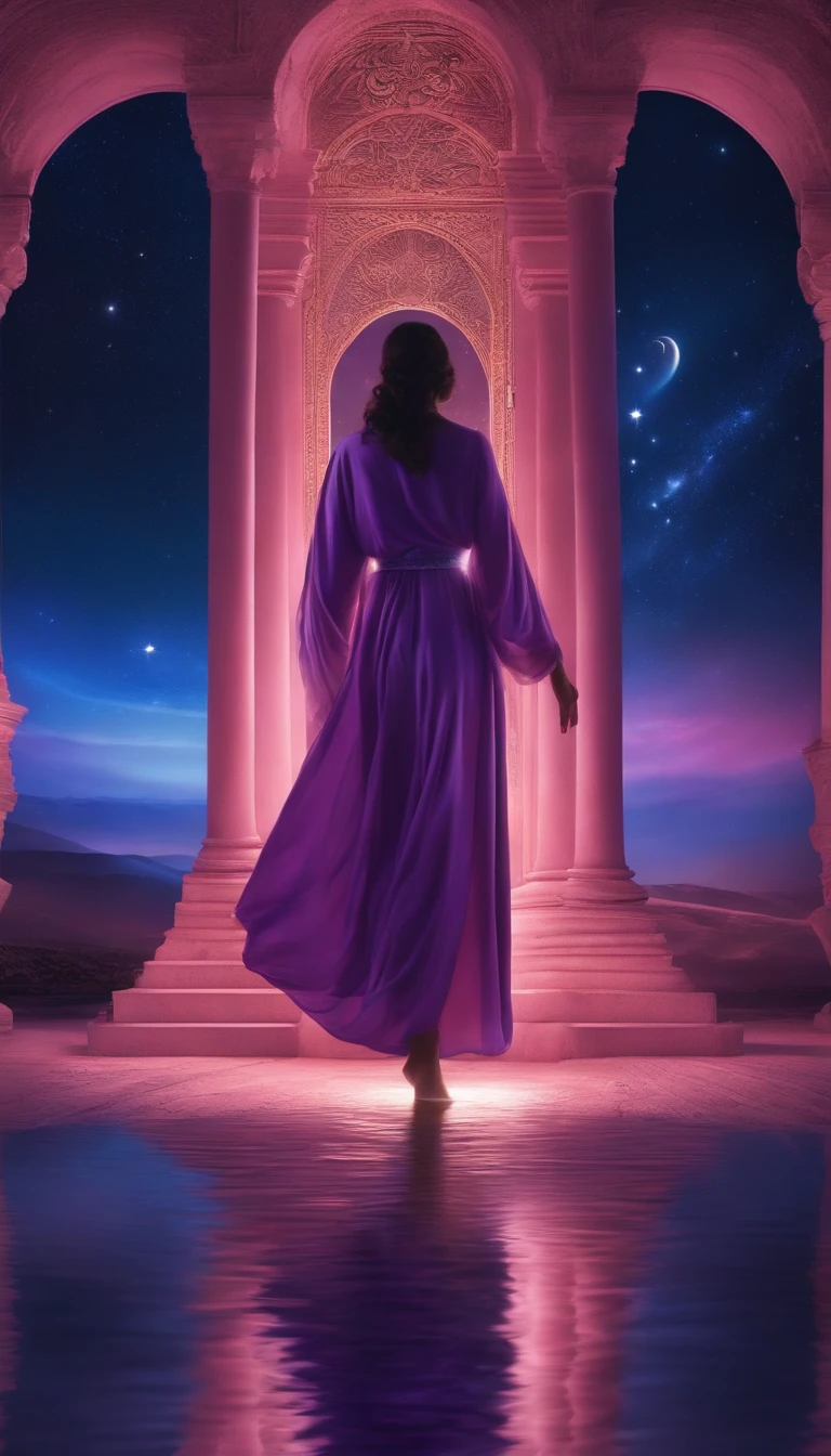 With idea of depth a cosmic being standing in a pink robe, abaixo de um portal em forma de U invertido, with the inscription: Portal 9/9. The female cosmic being with a stick resting on the water floor in one hand and a lamp lit and radiant with fire in the other hand, de frente para o portal, contra um fundo de violeta, Rosa, azul, and purple sky, cheio de estrelas, e um grande, Lua Cheia Brilhante.
