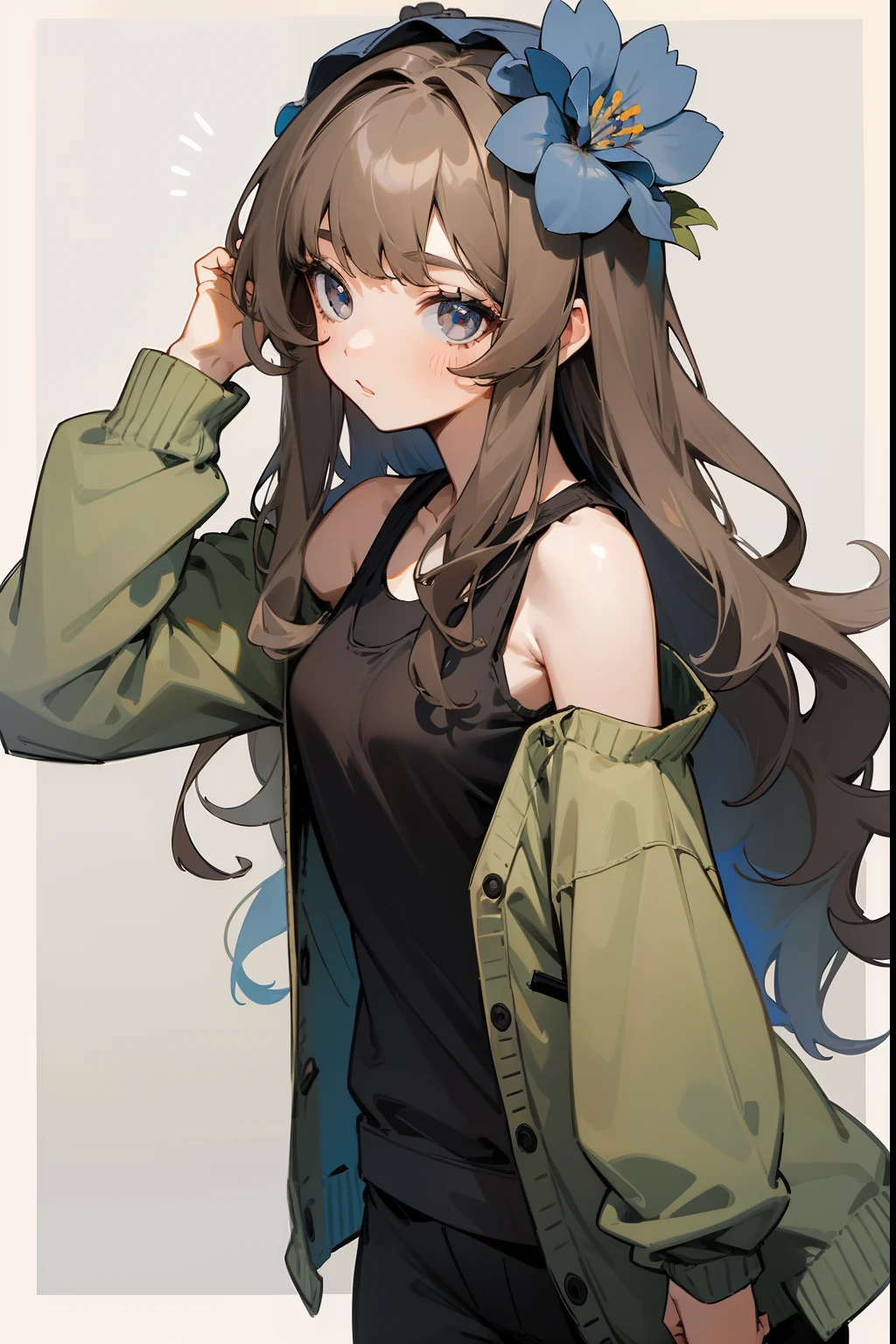 a woman, brown long wavy hair bangs, light gray eyes, black tank top, kaki green cardigan with long sleeves, blue flowers on head