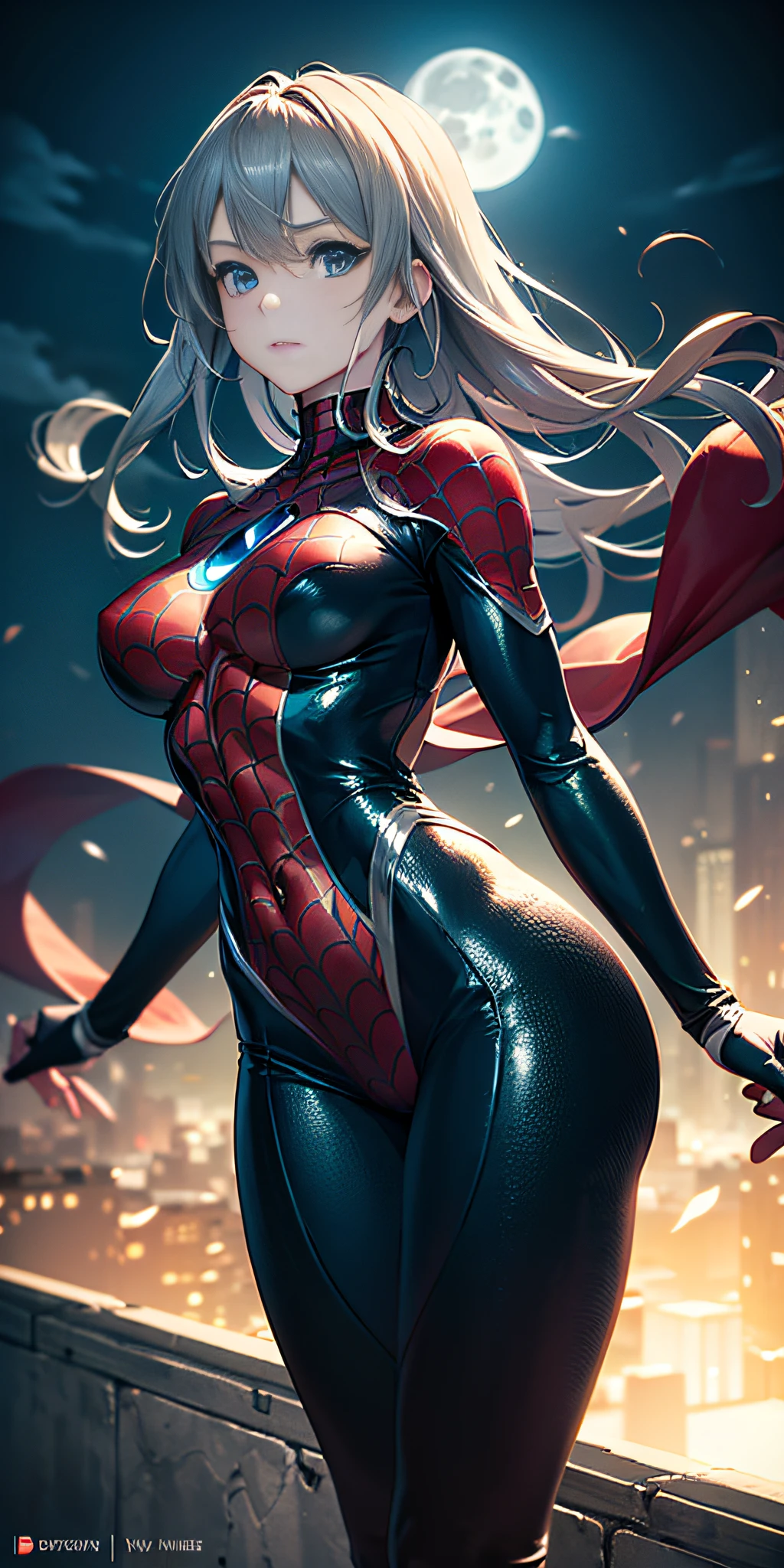 anime, anime profesional, (Masterpiece, 4k resolution, ultra realistic, very detailed), (black and fluorescent green superhero theme, charismatic, there is a girl at the top of the city, dressed in the Spider-Man costume, she is a superheroine), [ ((25 years), (long white hair: 1.2), slim build, full perfect body, (blue eyes: 1.2), ((very daring pose), (cityscape, at night, dynamic lights), (full moon)))]