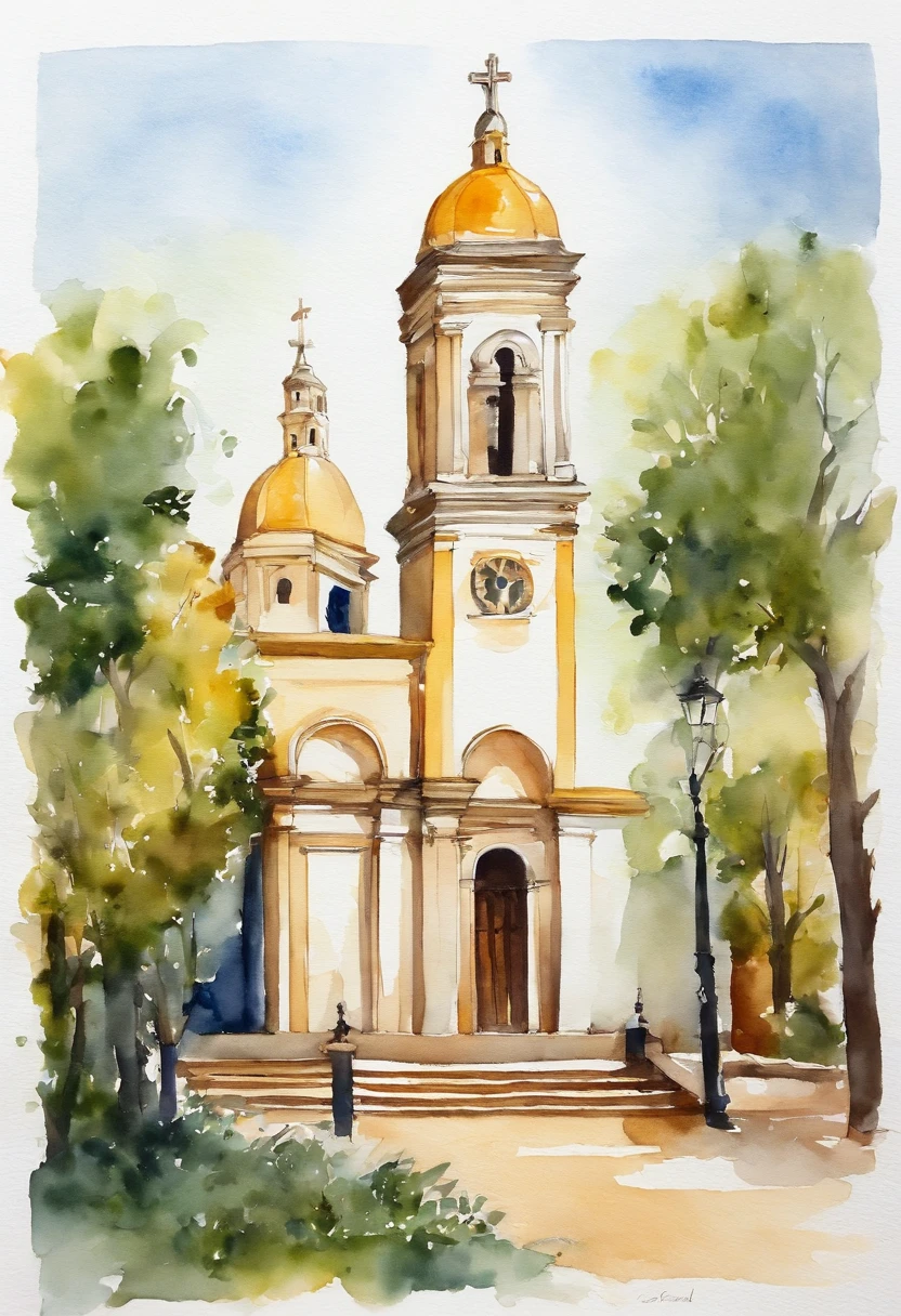 Igreja pequena vista de frente, com duas torres uma de cada lado, em cada torre um sino, Pintura aguada sobre papel branco, Capela igreja amarela clara com porta azul, pintura de aquarela sobre uma textura, aquarela clara, aquarela aguada, bordas esvanecendo sobre o papel