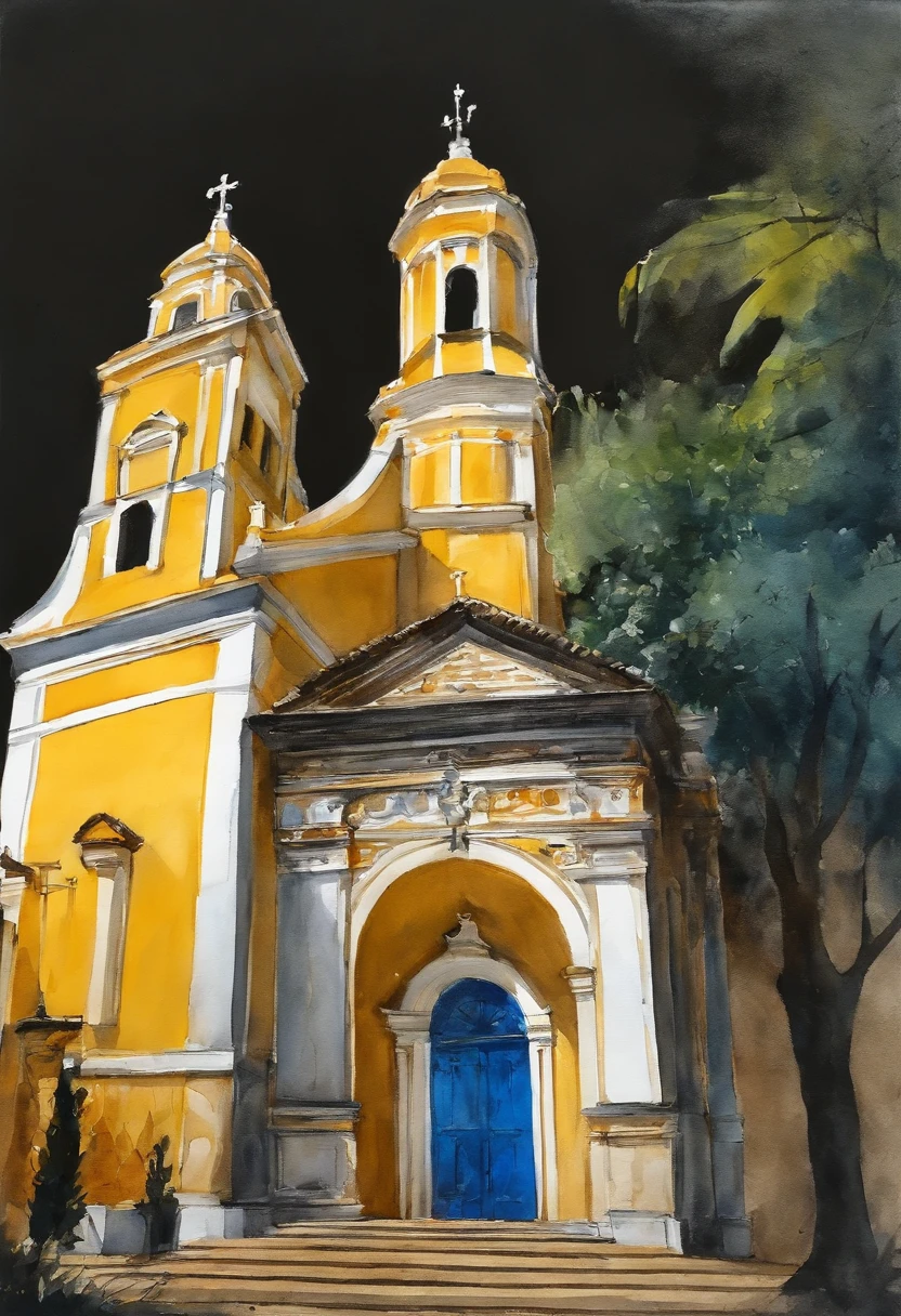 Igreja pequena vista de frente, com duas torres uma de cada lado, em cada torre um sino, Pintura aguada sobre papel branco, Capela igreja amarela clara com porta azul, pintura de aquarela sobre uma textura, aquarela clara, aquarela aguada, bordas esvanecendo sobre o papel