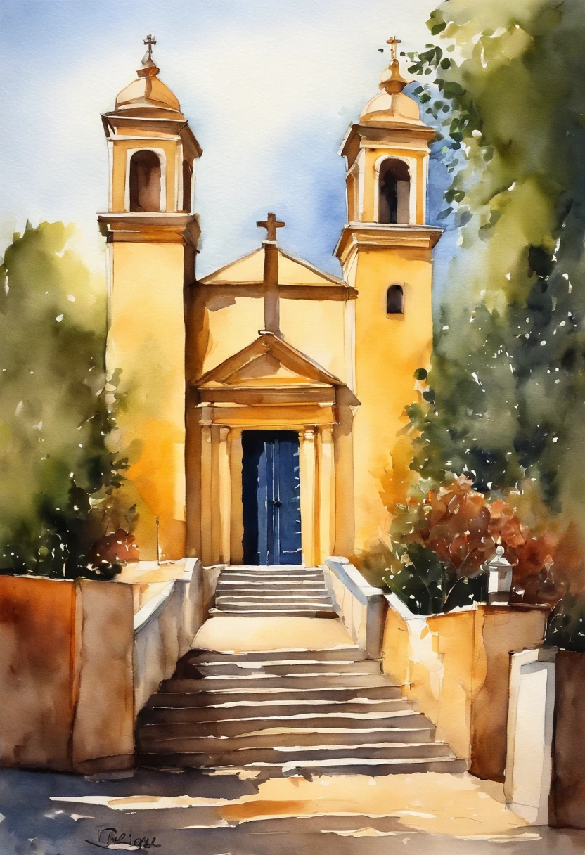 Igreja pequena vista de frente, com duas torres uma de cada lado, em cada torre um sino, Pintura aguada sobre papel branco, Capela igreja amarela clara com porta azul, pintura de aquarela sobre uma textura, aquarela clara, aquarela aguada, bordas esvanecendo sobre o papel