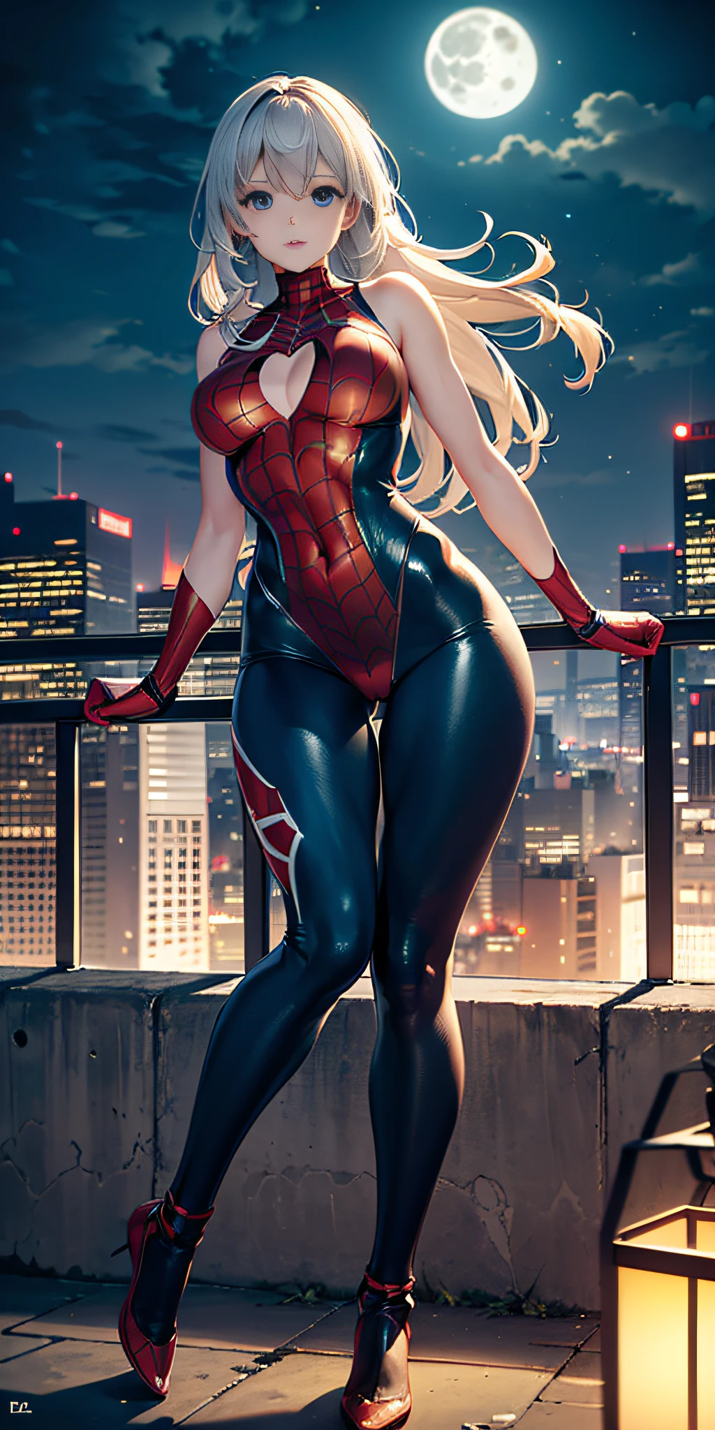 anime, anime profesional, (Masterpiece, 4k resolution, ultra realistic, very detailed), (black and fluorescent green superhero theme, charismatic, there is a girl at the top of the city, dressed in the Spider-Man costume, she is a superheroine), [ ((25 years), (long white hair: 1.2), slim build, full perfect body, (blue eyes: 1.2), ((very daring pose), (cityscape, at night, dynamic lights), (full moon)))]