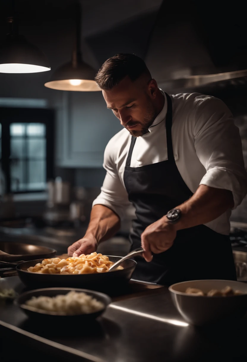PROFESSIONAL HANDSOME MUSCULAR CHEF COOKING IN THE KITCHEN