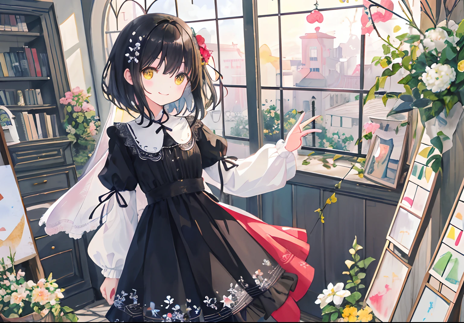 PastelColors:1.5)、(Cute illustration:1.5)、(watercolor paiting:1.2)、Black background、girl with、full body Esbian、A smile、Stranger、Pale yellow all over、Moya、marble、window、the reef、Little light around、Particles of light、long, Black hair、Yellow eyes,  A slight smil, pale skin, Indoors, Library, Looking at Viewer, thick outline, black outlines, --niji 5 --style cute --ar 1:1 --s 500、((​masterpiece、top-quality)),1girl in, 独奏, contemportry、gorgeous hair decoration、A slight smil、Party Venue、Dress up、Black Dress、Red cloth、Red ribbons、Voluminous dresses、A smile、细致背景、beautiful smiling face、Beautiful fece、florals、is standing、A dark-haired、length hair