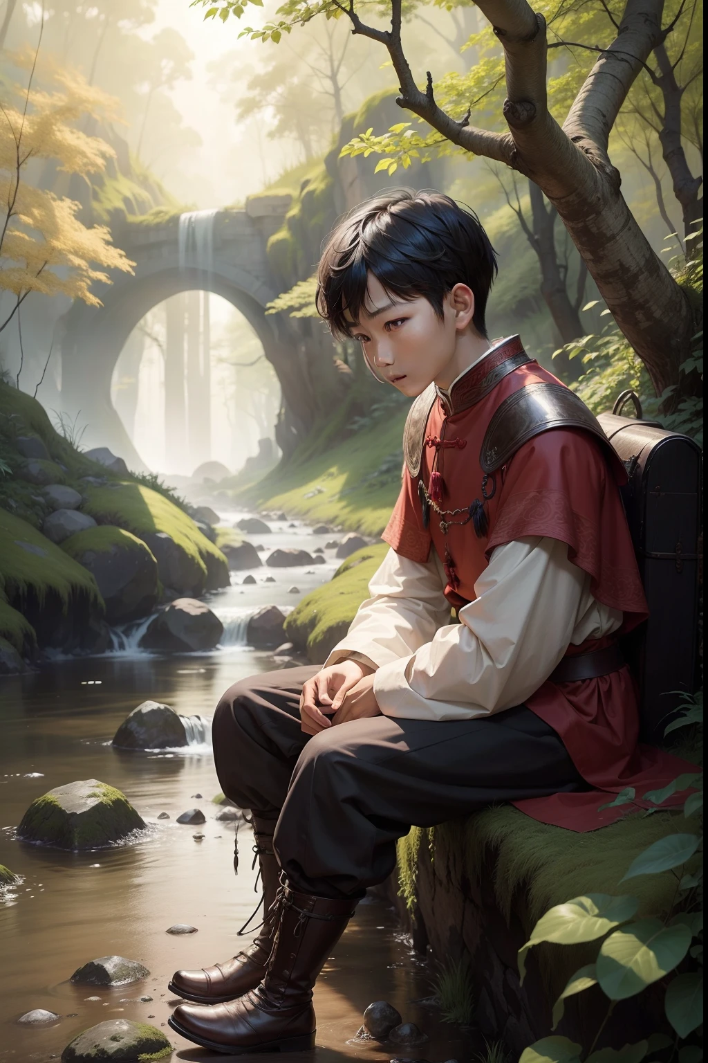 young chinese boy, from medieval times, intrigued by the advice of an old wise man, in the middle of the forest, near a stream