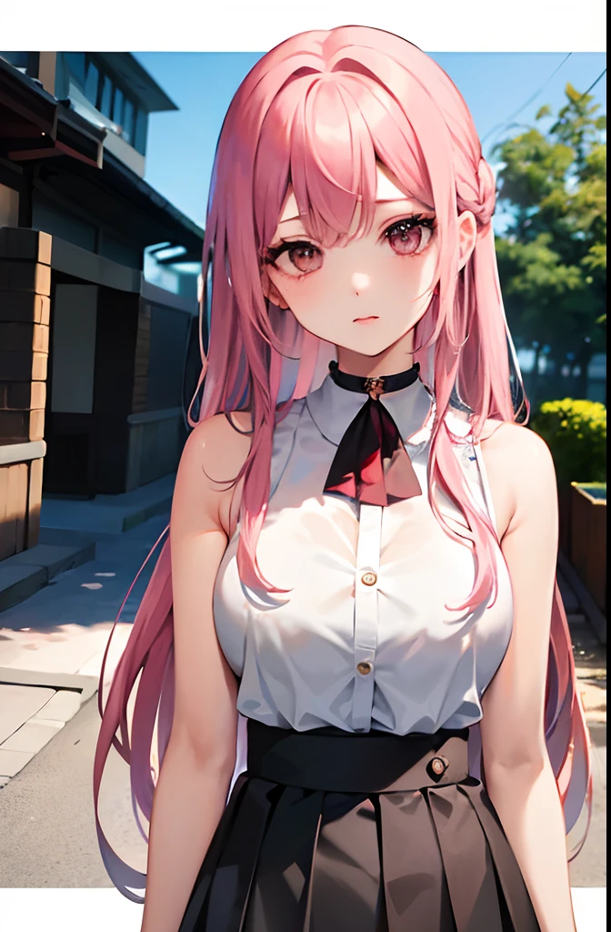 top-quality、超A high resolution、swim wears、large full breasts、1 girl with pink hair、sleeveless white button shirt、a black skirt、a black choker、cute little、(Kpop Idle)、(Charming Monkey:1)、(Platinum Blonde Hair:1)、((Puffy eyes))、Looking for the observer side、full bodyesbian、facing the front there