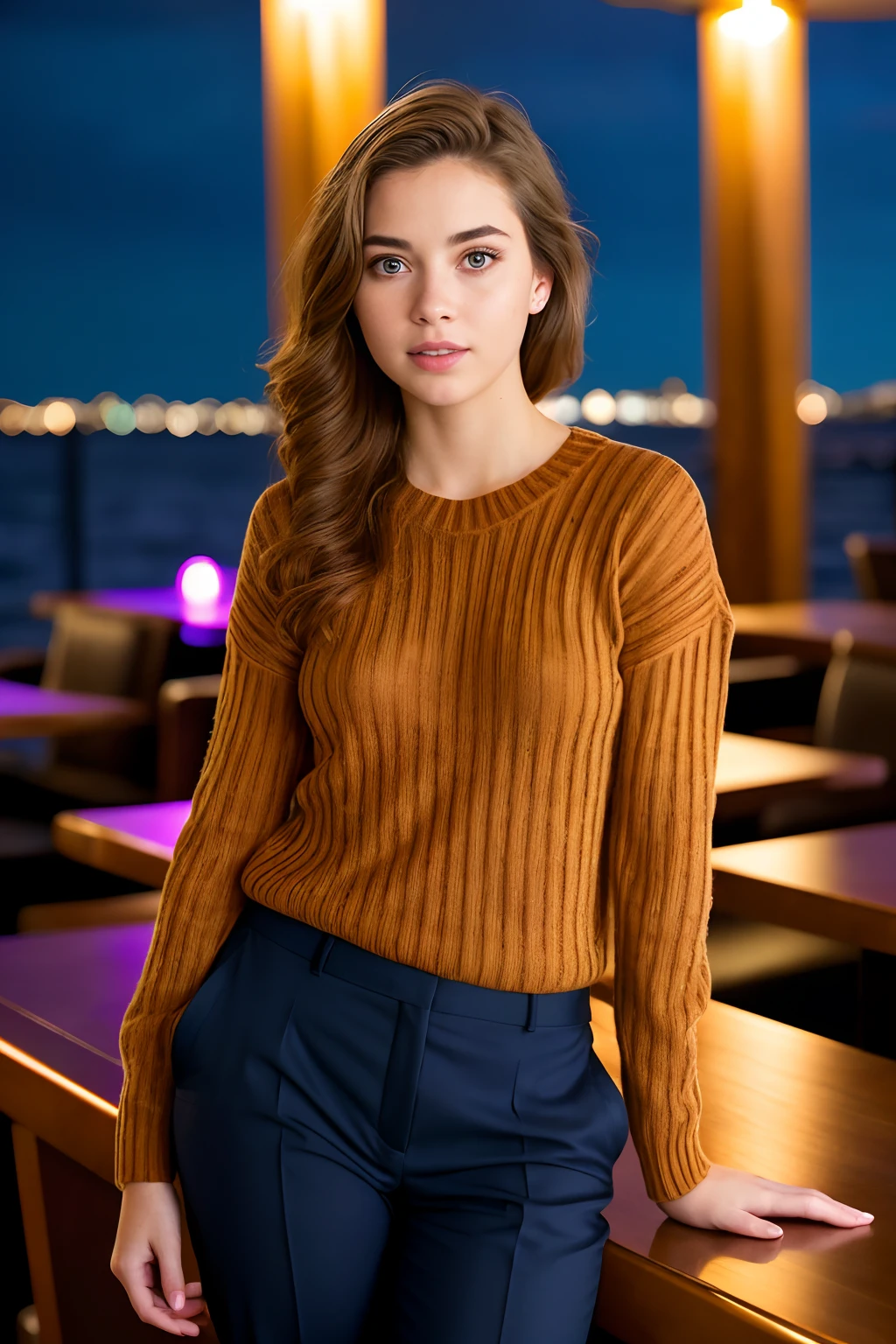 3girls women nautical wear sweater slacks at the bar lounge luxury yacht carribean ocean night time (masterpiece:1.2) (photorealistic:1.2) (bokeh) (best quality) (deck party) (intricate details) (8k) (HDR) (analog film) (canon d5) (cinematic lighting) (sharp focus)