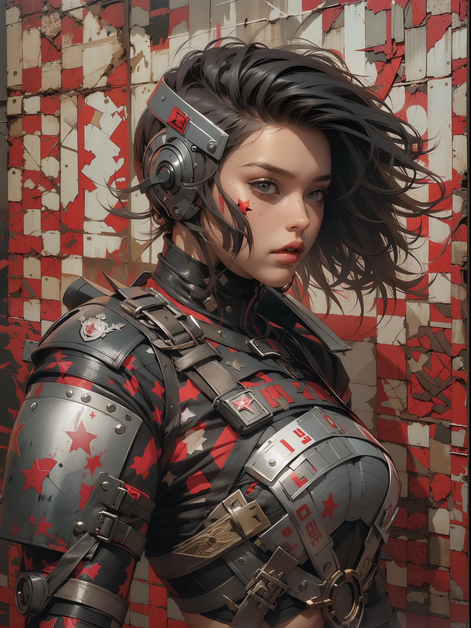 (((mulher))), (((melhor qualidade))), (((obra prima))), (((adulto))), (((1girl))), ((( corte de cabelo bob ))), Uma gladiadora cyberpunk mulher de 25 anos com corpo perfeito, shoulder pads with metal spines, Gladiadores do Brooklyn, (( corte de cabelo bob )), tiny leather panties, camiseta de time de rugby rasgada, quase nua no estilo selvagem urbano de Simon Bisley para a capa da revista Heavy Metal, Cabelo loiro curto, Minimum clothing, Metal protection on the left arm with intricate graphics, Dark red with white stars and black and white checkerboard pattern, armadura, cheio de pontas e rebites, (((do joelho pra cima))), cabelos loiro branco curto, no fundo uma parede pintada por Shepard Fairey com um design intrincado