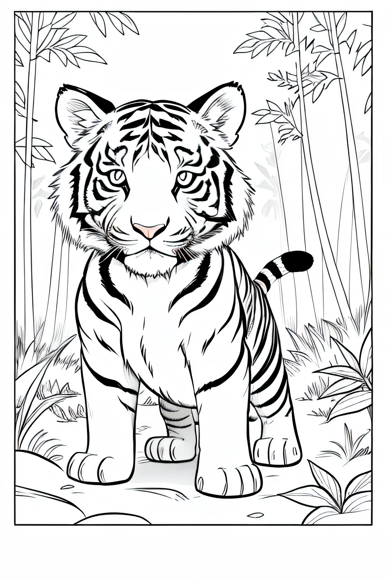 Coloring book of a baby tiger in the forest, estilo cartoon, linhas grossas, sem cor, fundo branco, dashes only