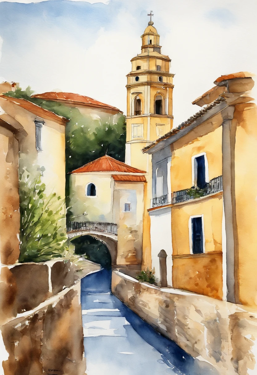 Igreja pequena vista de frente, with tower on the left and a tower on the right, em cada torre um sino, Pintura clara aguada sobre papel branco, Capela igreja amarela clara com porta azul, pintura de aquarela sobre uma textura, aquarela clara, aquarela aguada, bordas esvanecendo sobre o papel