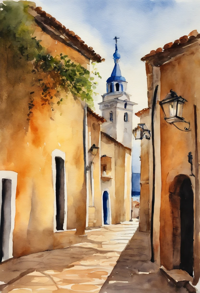 Igreja pequena vista de frente, with tower on the left and a tower on the right, em cada torre um sino, Pintura clara aguada sobre papel branco, Capela igreja amarela clara com porta azul, pintura de aquarela sobre uma textura, aquarela clara, aquarela aguada, bordas esvanecendo sobre o papel