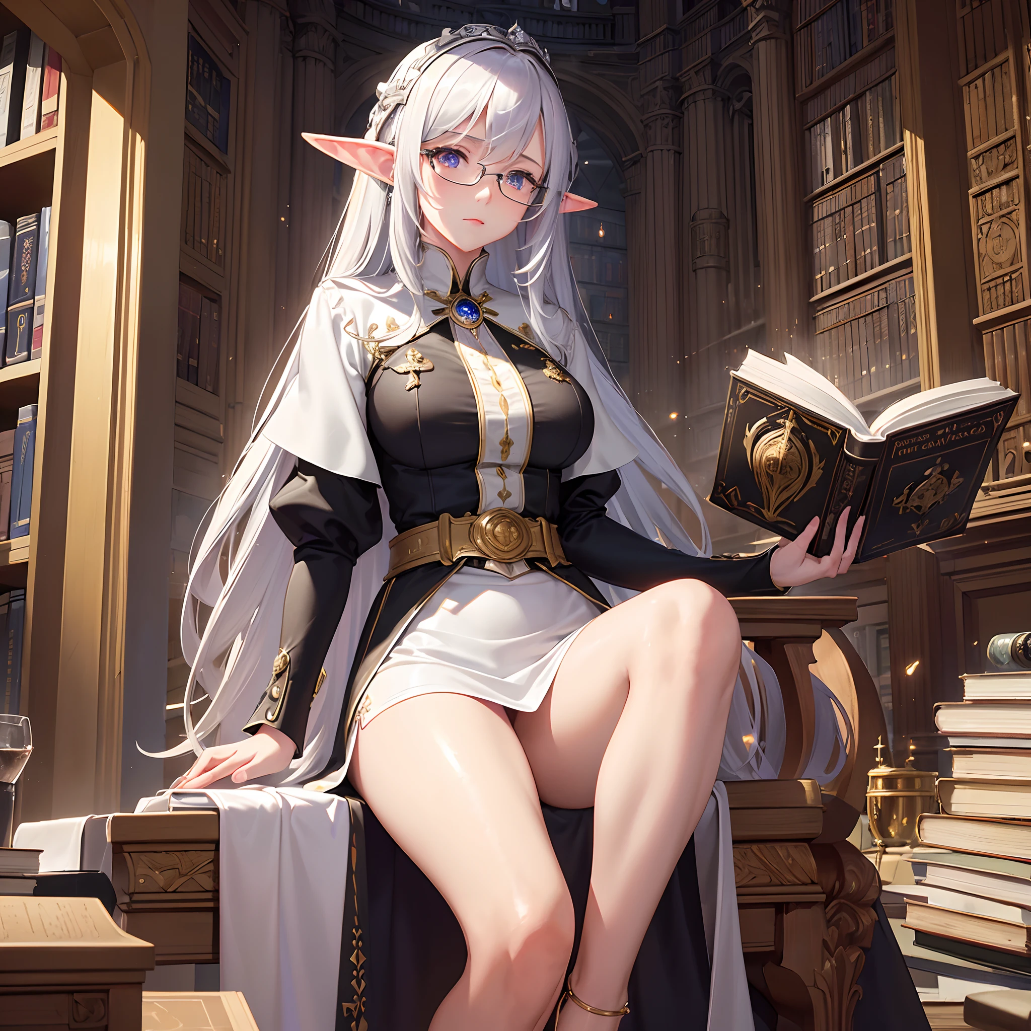 (((Masterpiece, highest quality, high definition, high detail)))), one, ((fantasy)))), (elf woman)))), (white pencil skirt over stockings), (grey long straight hair), (glossy dark purple eyes), (black surcoat with red embroidery), very large breasts, (((National Library of the royal capital)), (A large space with a lot of books)), wearing glasses, sit in a chair and read a book, Particles of light flying