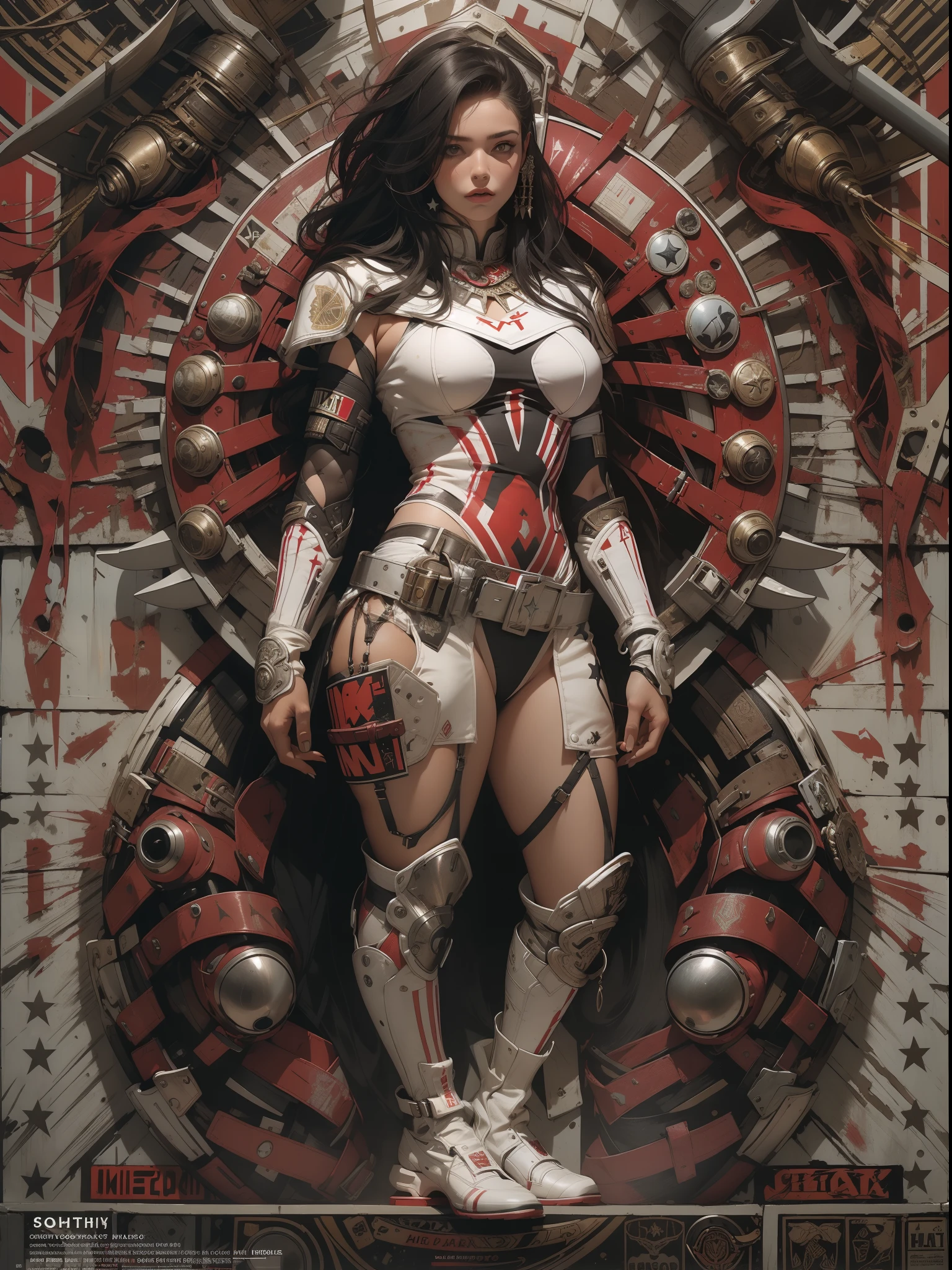 (((mulher))), (((melhor qualidade))), (((obra prima))), (((adulto))), (((1girl))), ((( corte de cabelo moicano ))), Uma gladiadora cyberpunk mulher de 25 anos com corpo perfeito, alien armor, h.r. Estilo Giger, shoulder pads with metal spines, Gladiadores do Brooklyn, (( corte de cabelo moicano )), tiny leather panties, camiseta de time de rugby rasgada, quase nua no estilo selvagem urbano de Simon Bisley para a capa da revista Heavy Metal, Cabelo loiro curto, Minimum clothing, Metal protection on the left arm with intricate graphics, Dark red with white stars and black and white checkerboard pattern, armadura, cheio de pontas e rebites, (((do joelho pra cima))), cabelos loiro branco curto, no fundo uma parede pintada por Shepard Fairey com um design intrincado