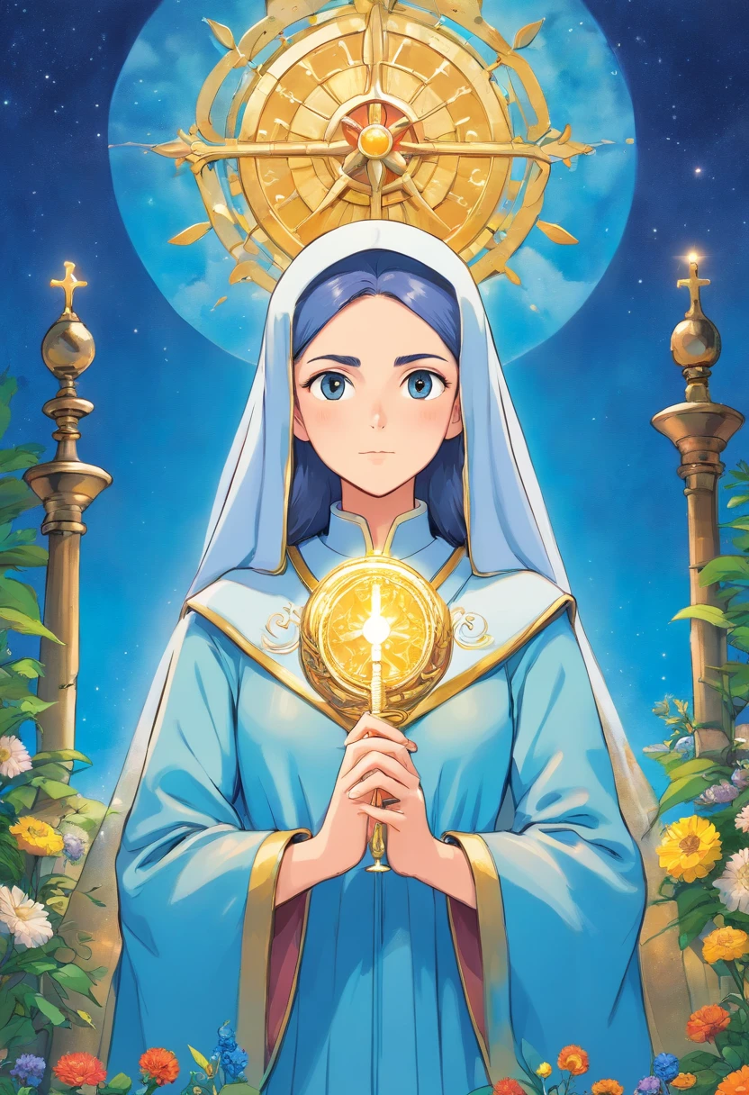 holy mary, tarot card style, Rider Waite Tarot Estilo, manto azul, olhar para dentro, fundo azul, sentado em um trono de pedra, Rastreamento aparente, ultra-detalhado, Our Lady of Fatima, taro, tarot, Tarot Card, carta de tarot, carta imperatriz, anime, art