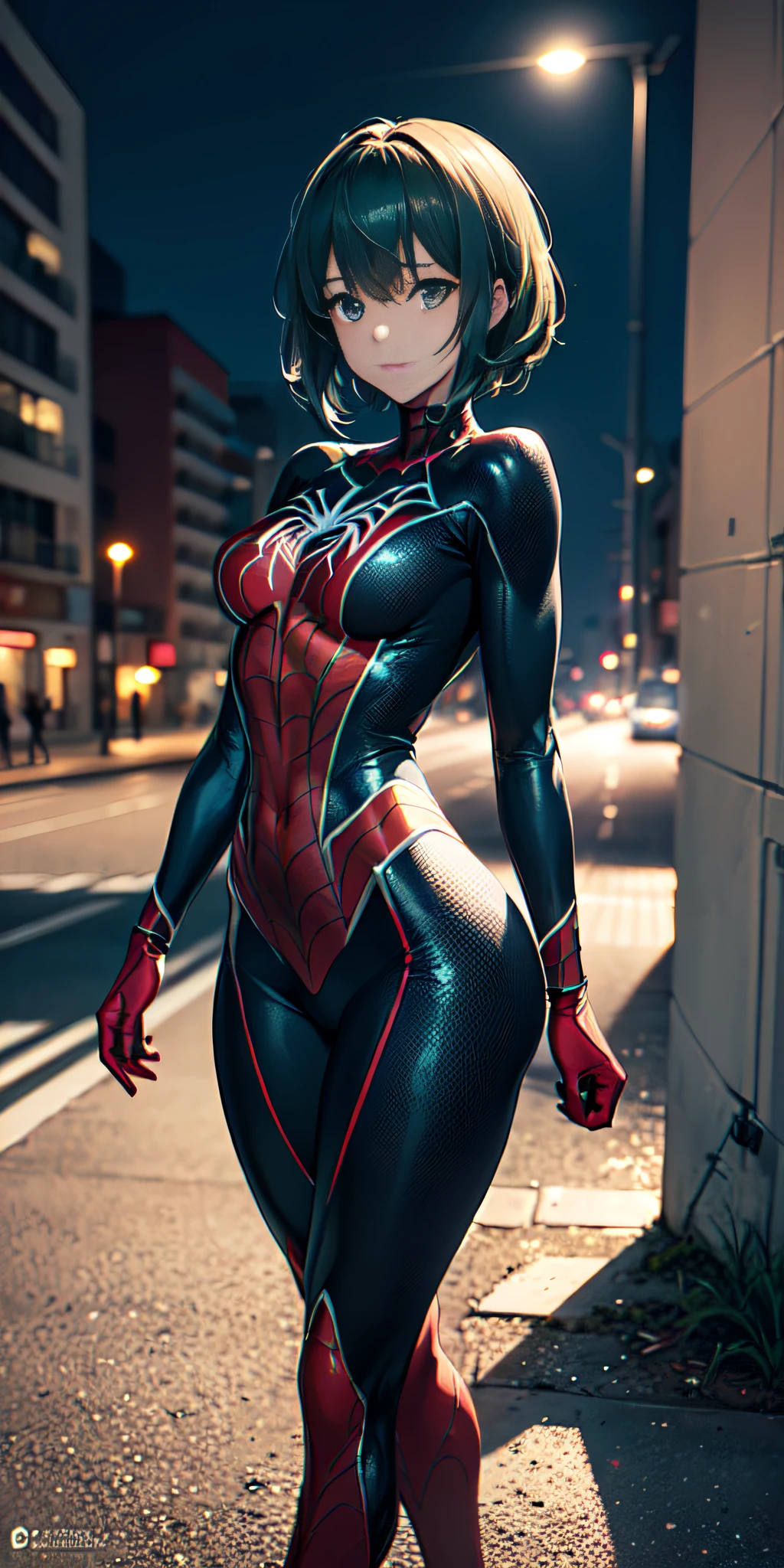 anime, anime profesional, (obra maestra, 4k-resolution, ultra realista, muy detallado), (Superhero themes black colors and fluorescent light green stripes, carismatic, hay una chica en la parte superior de la ciudad, vestido con el traje de Spider-Man de color negro y verde fluorescente, she is a superhero), [ ((25-years old), (Pelo largo y blanco: 1.2), Slim build, Cuerpo completo y perfecto, (ojos azules: 1.2), ((pose muy atrevida), (paisaje urbano, Por la noche, dinamic lights), (Luna llena)))]