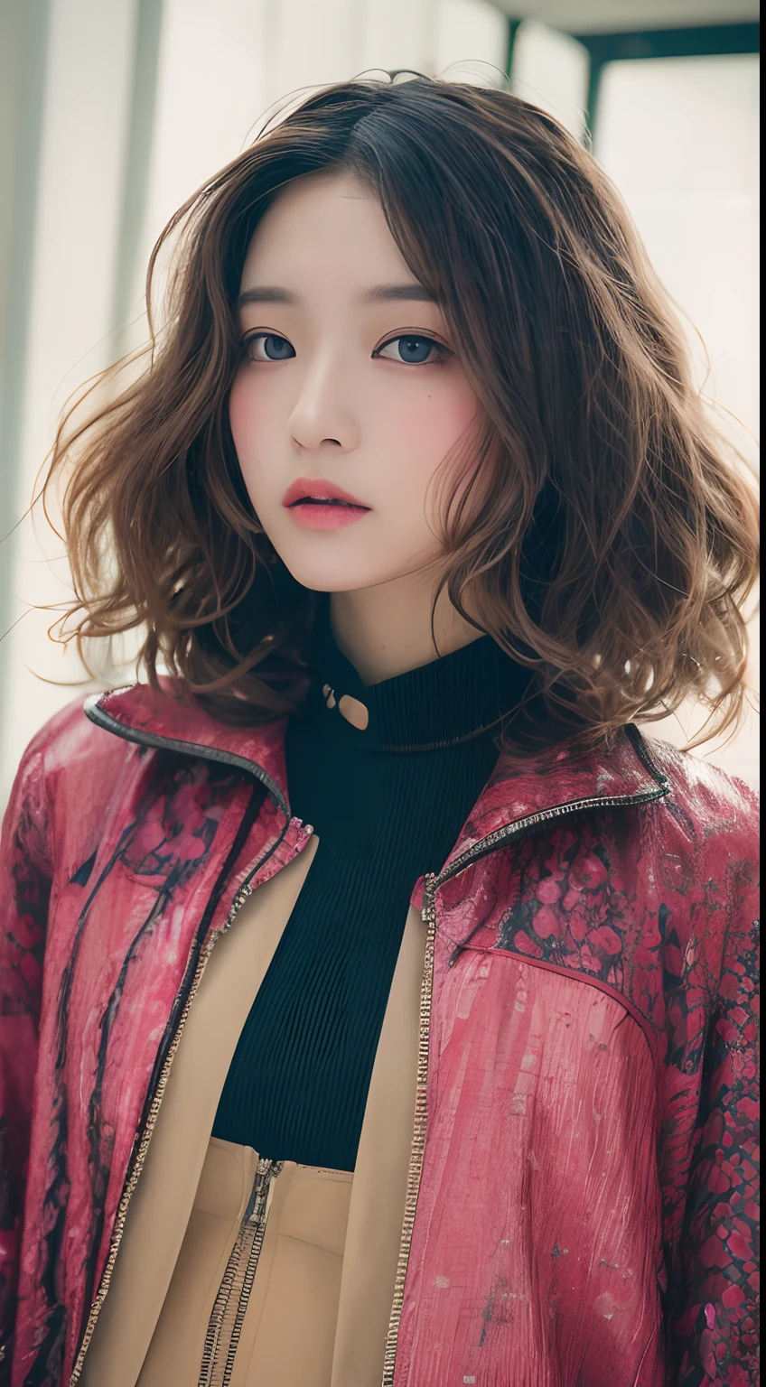 one Japanese teen model , hair model, Unique wavy short layered colorful hair details, cyberpunk hiphop fashion, Near future , double eyelid, plump lips, professional makeup